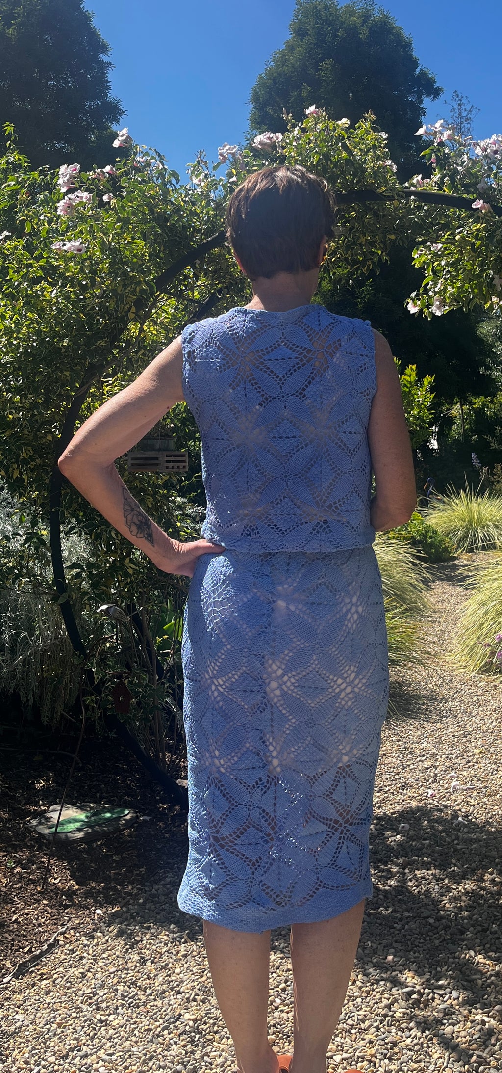 Handmade Blue Crochet Two-Piece Set — Crop Top, Midi Skirt & Matching Belt, Upcycled Cotton