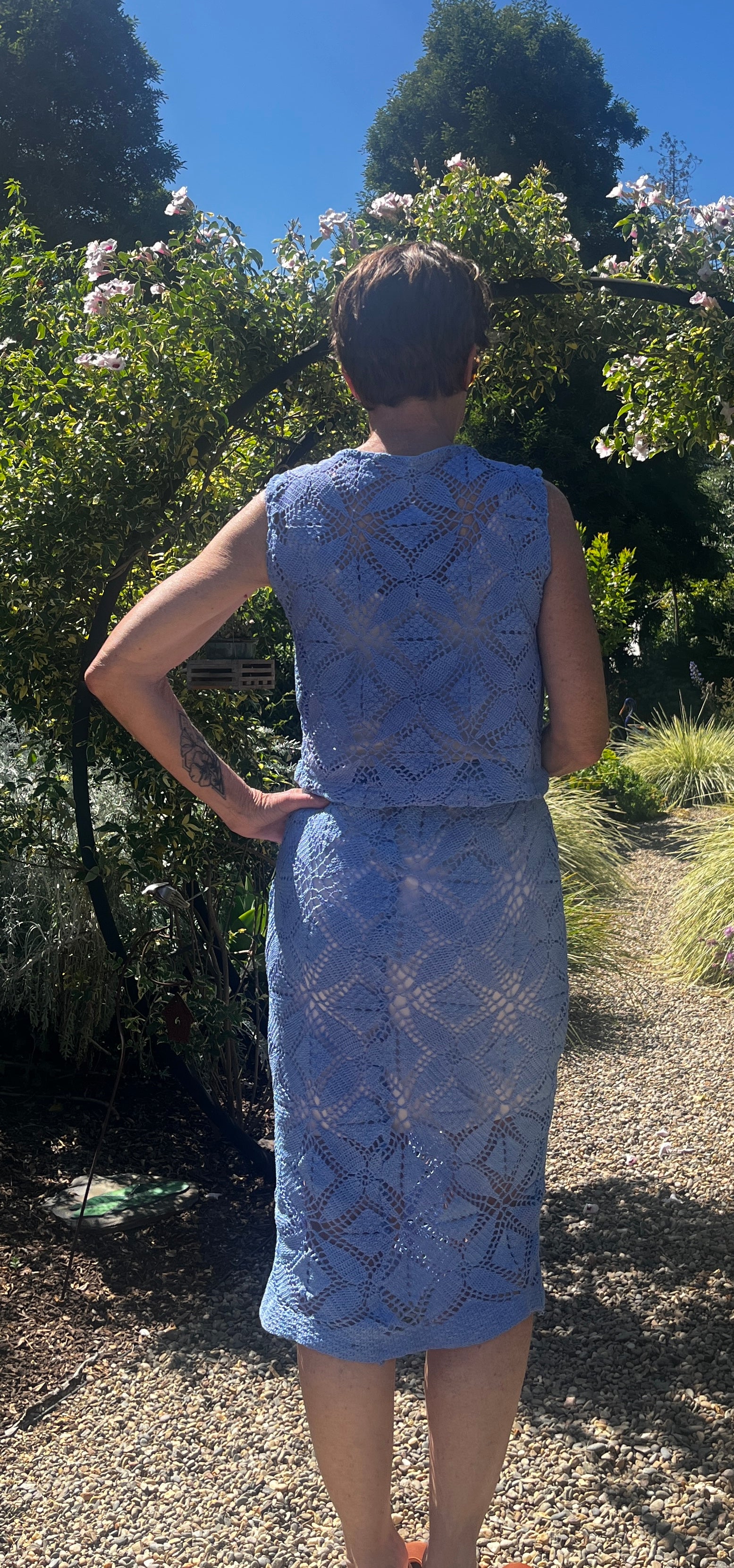 Handmade Blue Crochet Two-Piece Set — Crop Top, Midi Skirt & Matching Belt, Upcycled Cotton