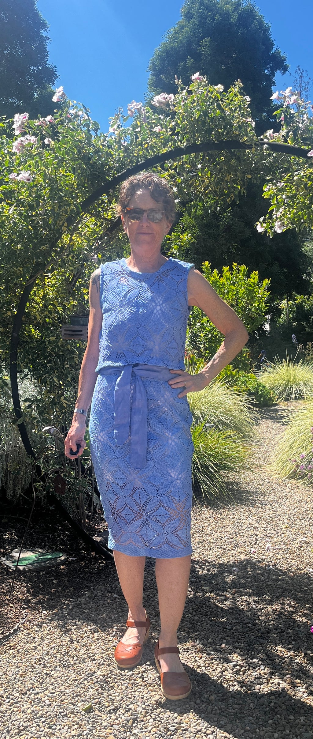 Handmade Blue Crochet Two-Piece Set — Crop Top, Midi Skirt & Matching Belt, Upcycled Cotton