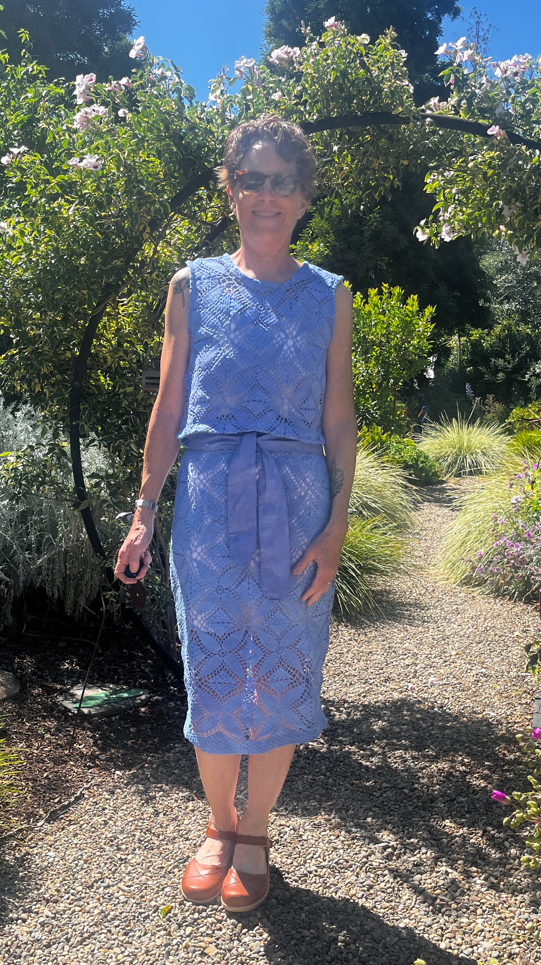 Handmade Blue Crochet Two-Piece Set — Crop Top, Midi Skirt & Matching Belt, Upcycled Cotton