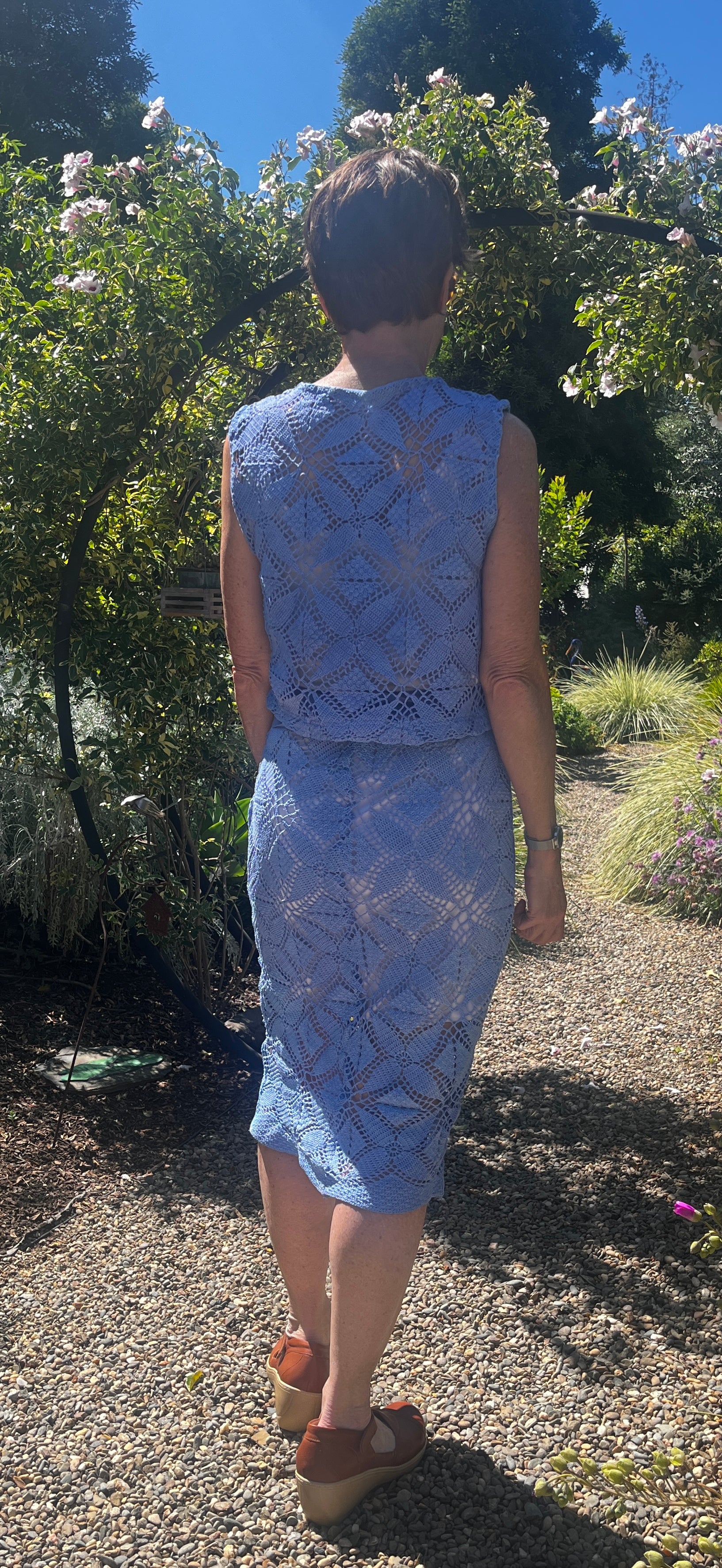 Handmade Blue Crochet Two-Piece Set — Crop Top, Midi Skirt & Matching Belt, Upcycled Cotton