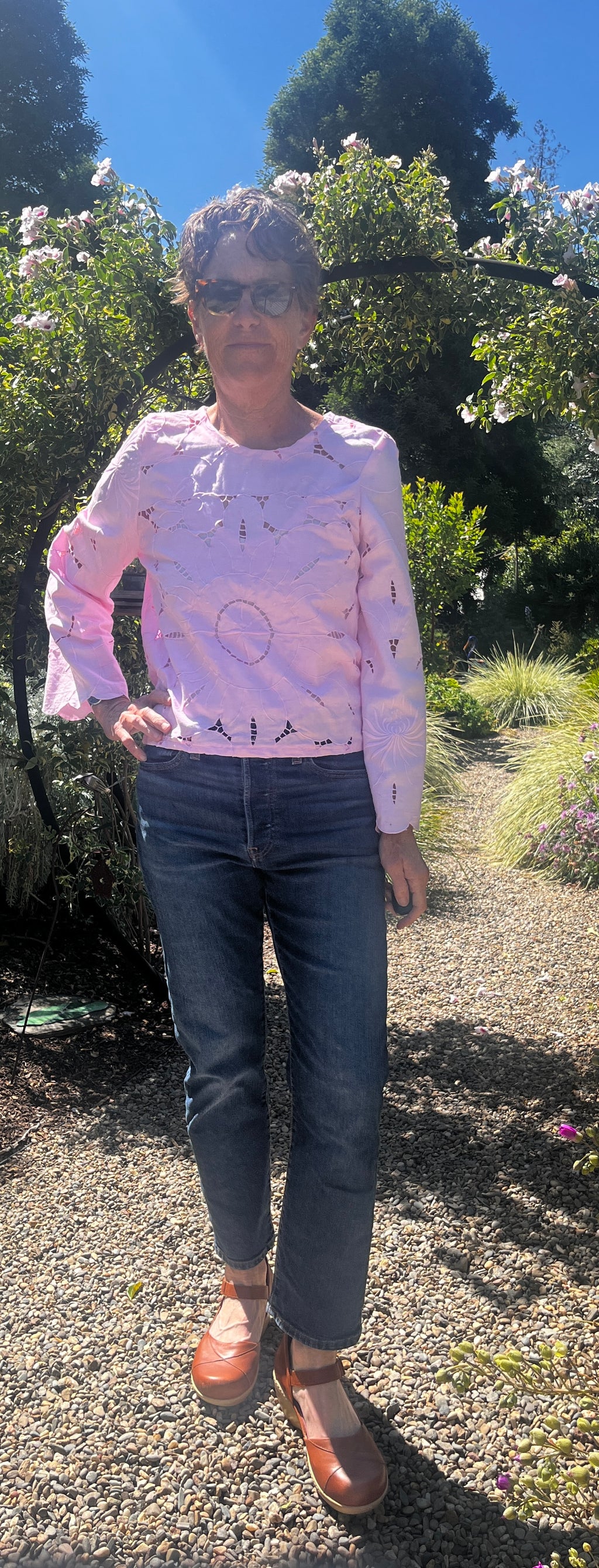 Long sleeve cotton embroidered cutwork blouse