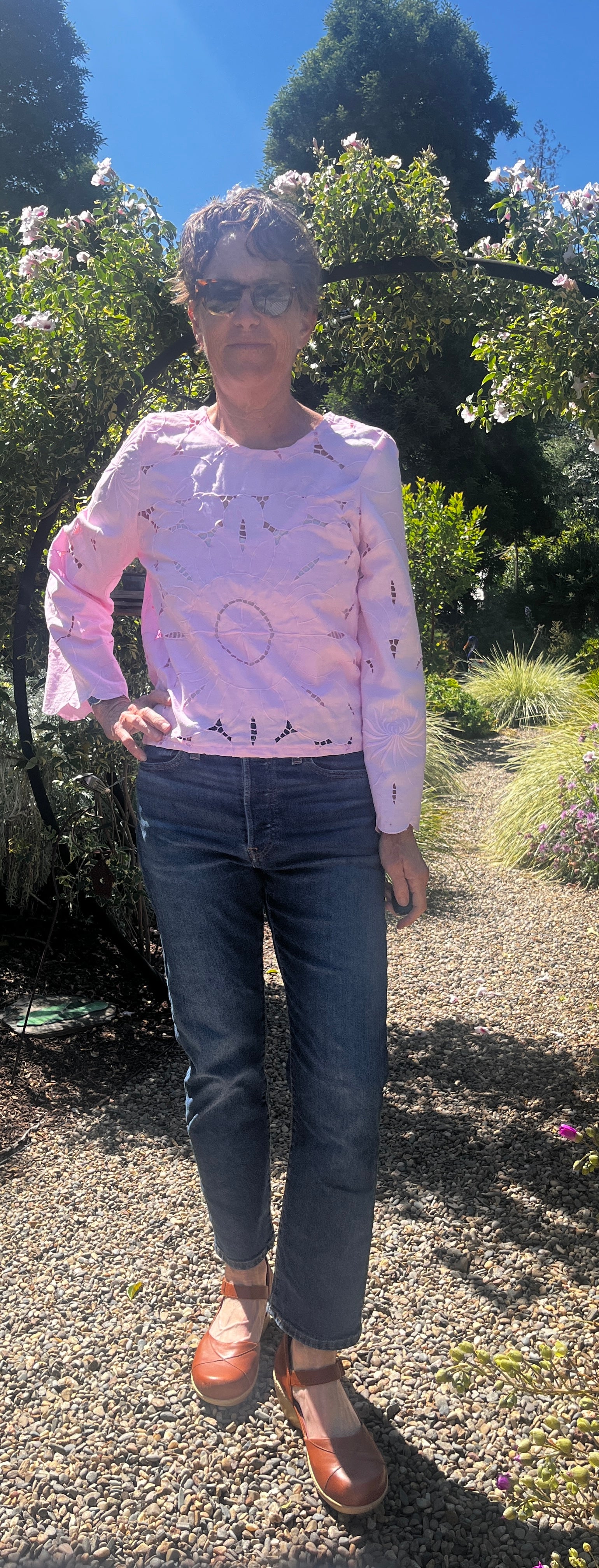 Long sleeve cotton embroidered cutwork blouse