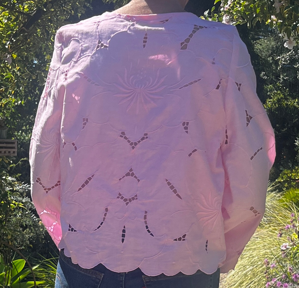 Long sleeve cotton embroidered cutwork blouse