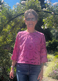 Handmade Fuchsia Cutwork Embroidered Blouse — 3/4 Sleeve, Upcycled Vintage Cotton