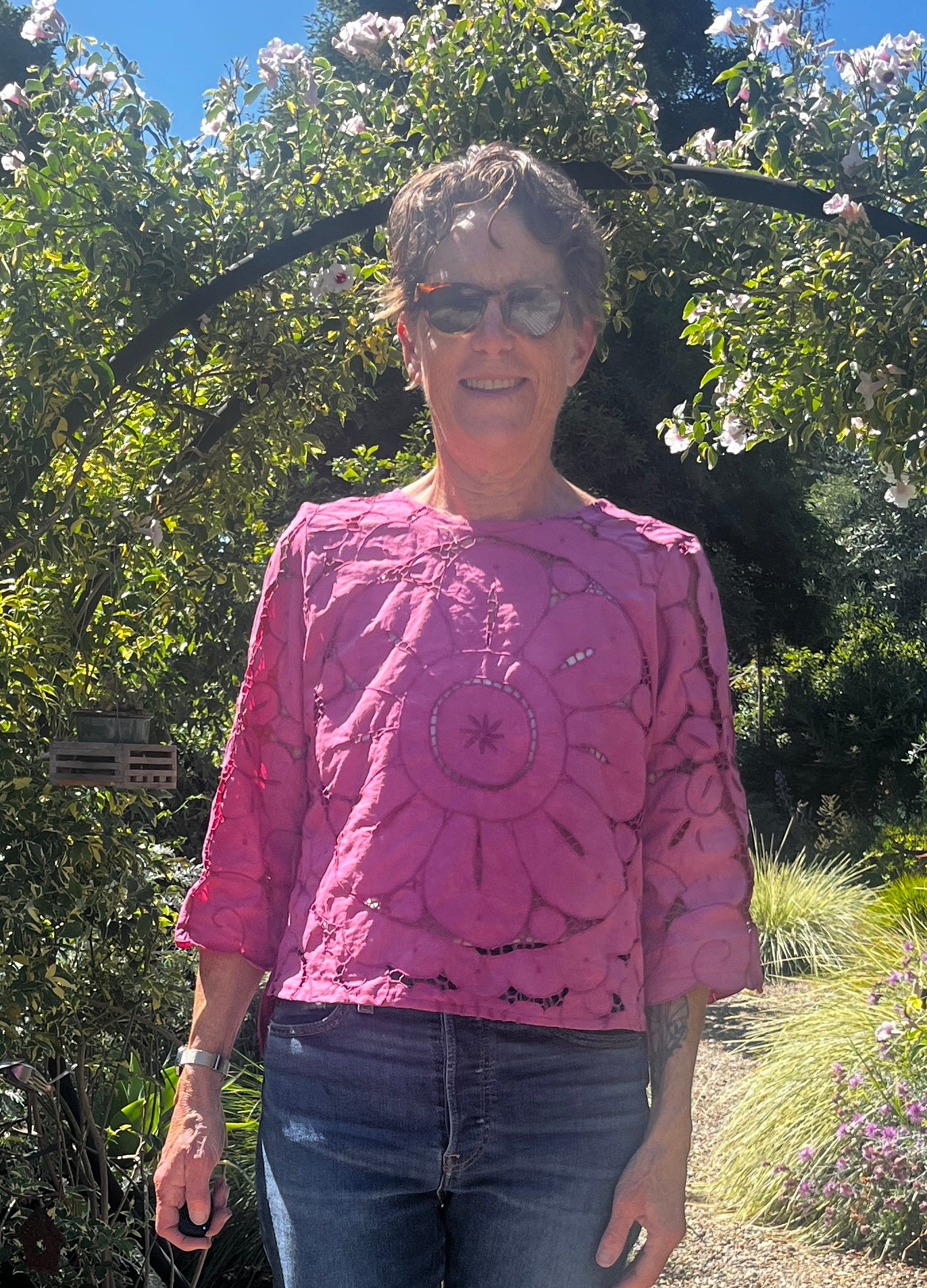 Handmade Fuchsia Cutwork Embroidered Blouse — 3/4 Sleeve, Upcycled Vintage Cotton