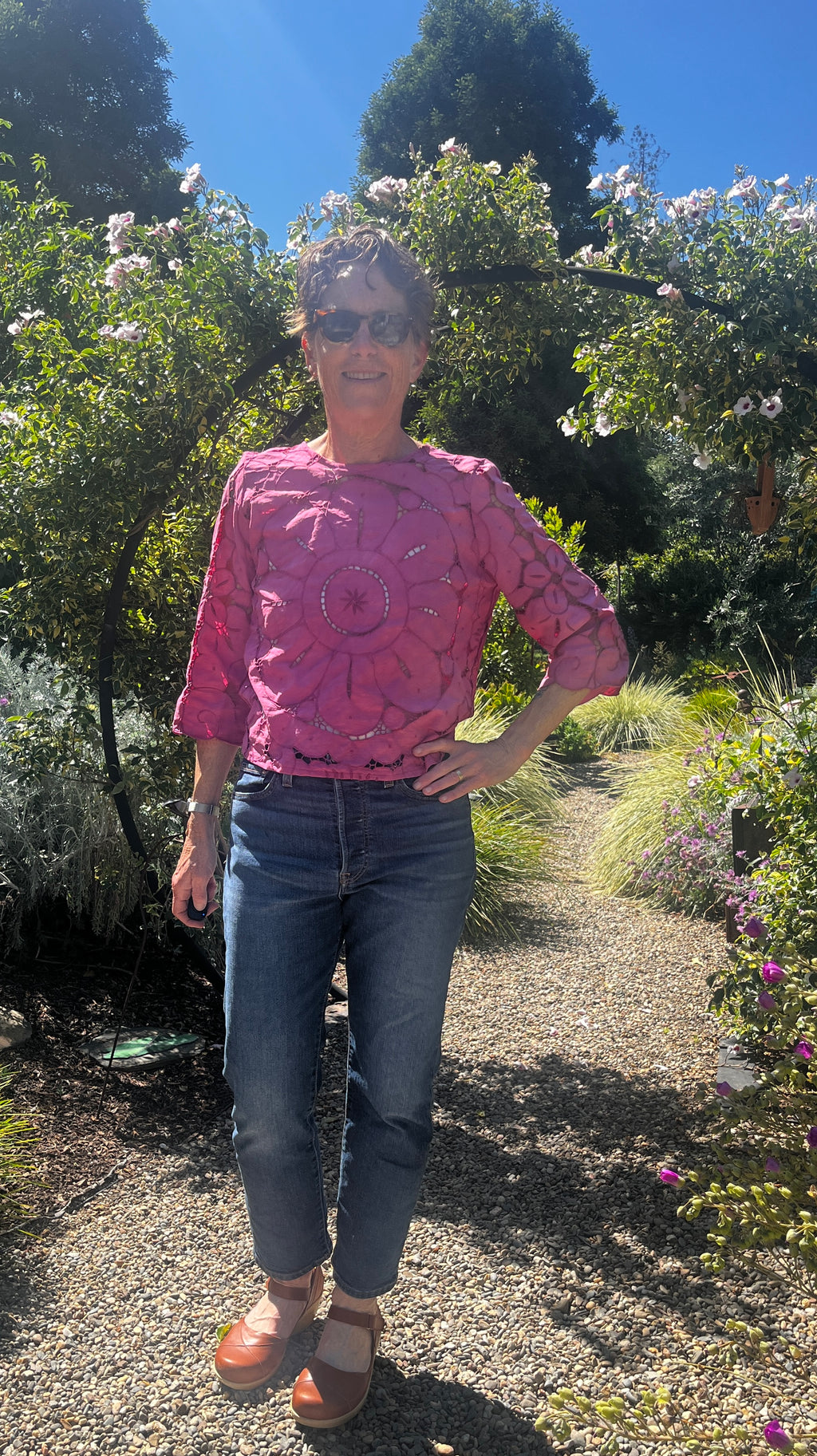 Handmade Fuchsia Cutwork Embroidered Blouse — 3/4 Sleeve, Upcycled Vintage Cotton