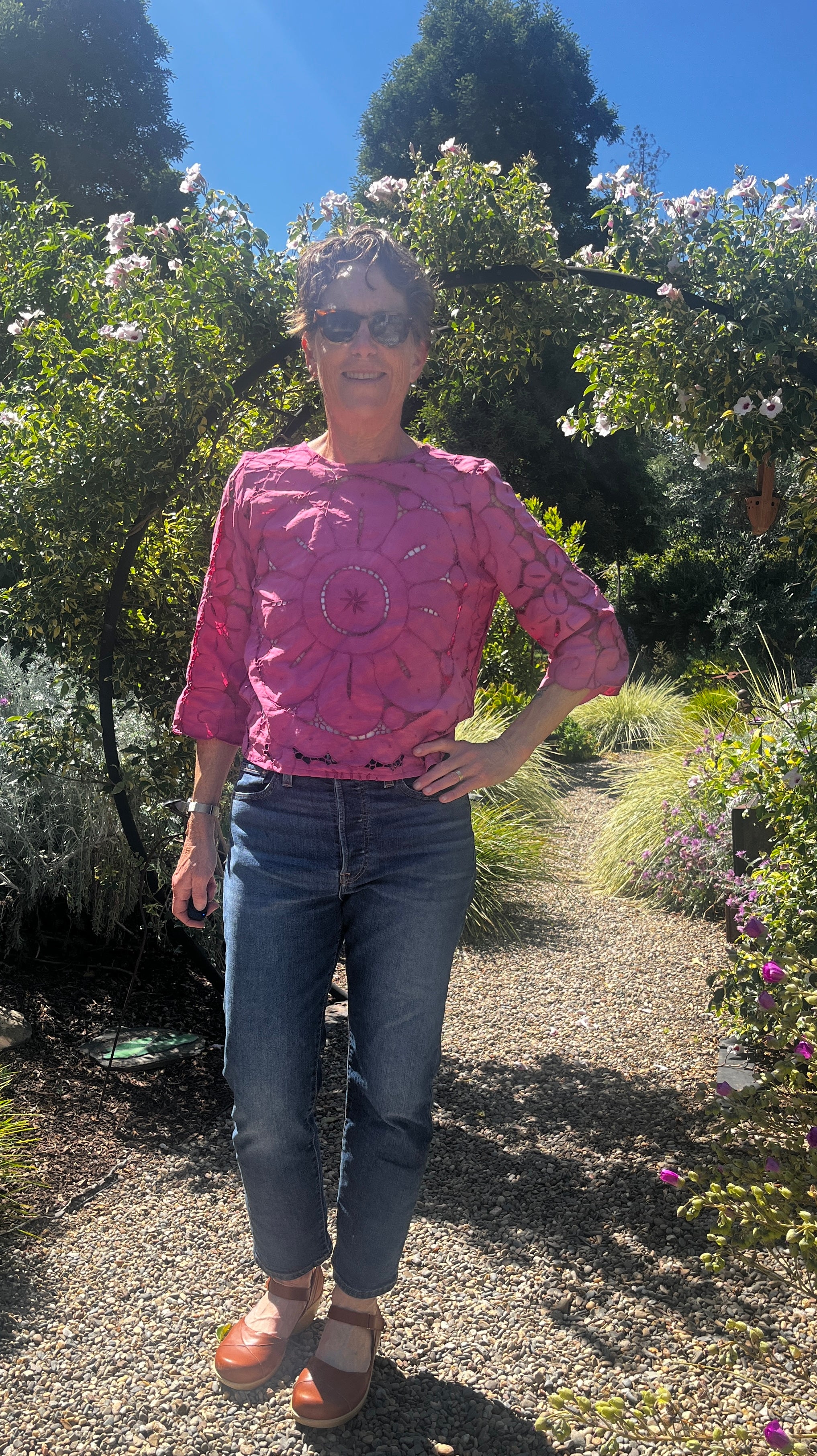 Handmade Fuchsia Cutwork Embroidered Blouse — 3/4 Sleeve, Upcycled Vintage Cotton