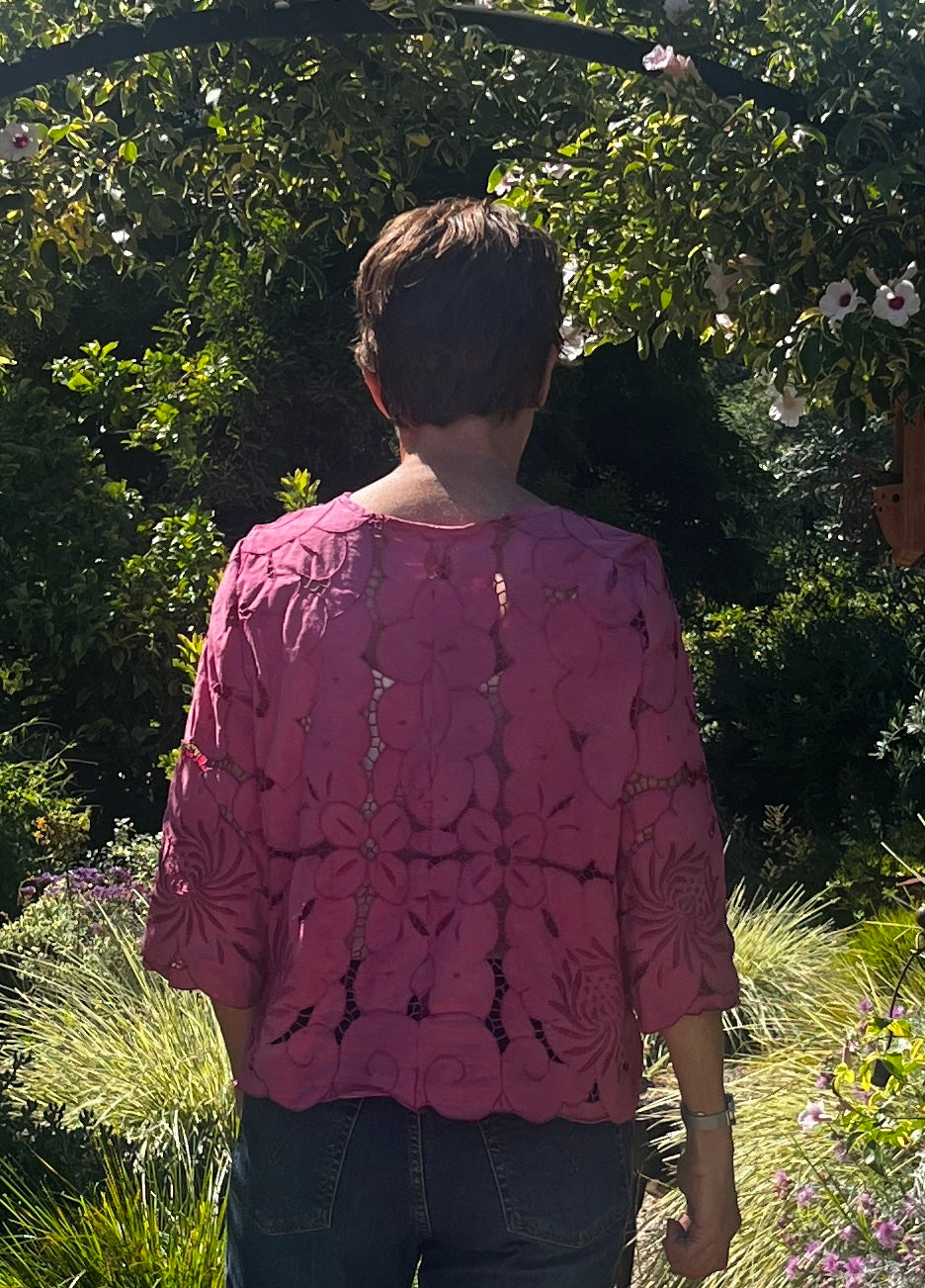 Handmade Fuchsia Cutwork Embroidered Blouse — 3/4 Sleeve, Upcycled Vintage Cotton