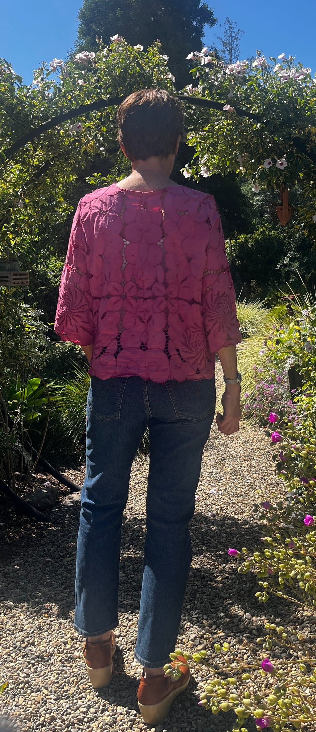 Handmade Fuchsia Cutwork Embroidered Blouse — 3/4 Sleeve, Upcycled Vintage Cotton