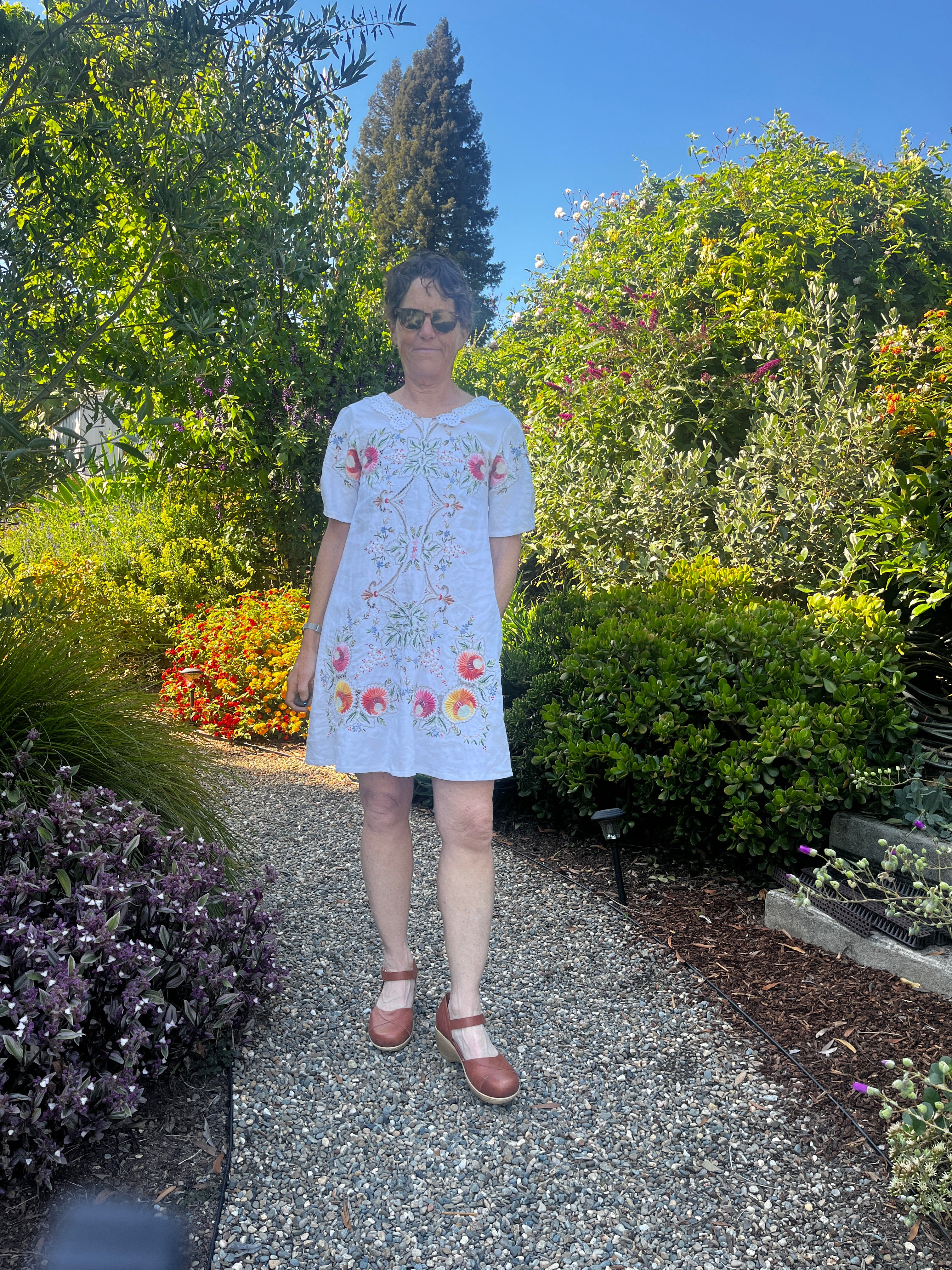 Handmade Embroidered A-Line Linen Dress with Pockets — Upcycled Vintage, One of a Kind