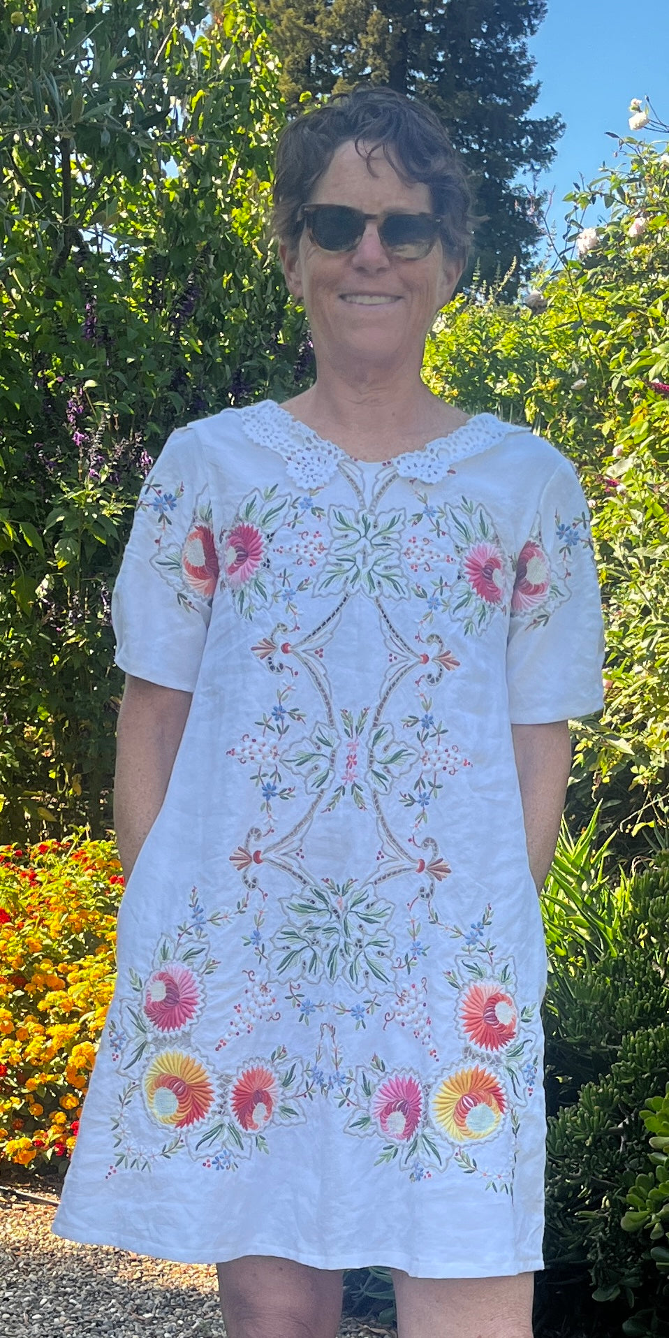 Handmade Embroidered A-Line Linen Dress with Pockets — Upcycled Vintage, One of a Kind