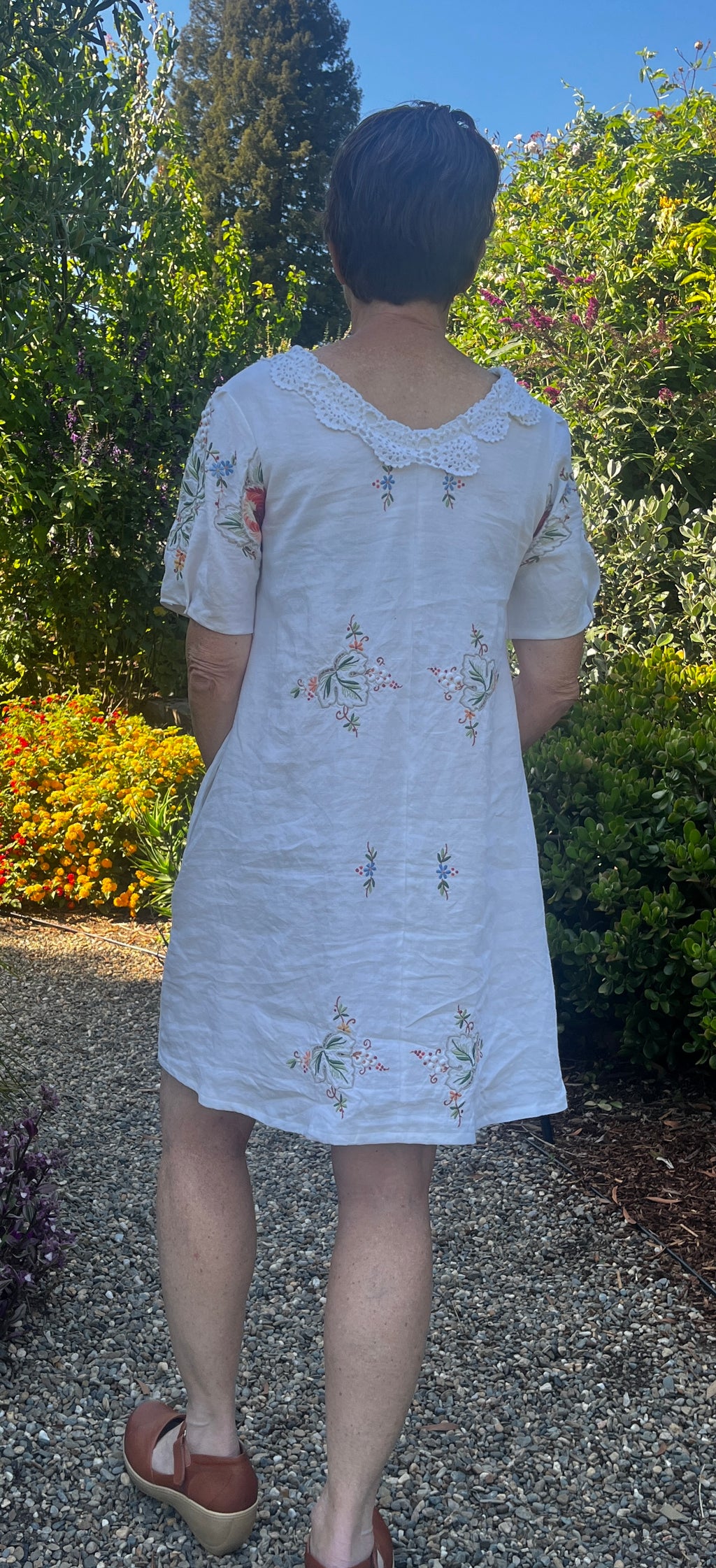 Handmade Embroidered A-Line Linen Dress with Pockets — Upcycled Vintage, One of a Kind
