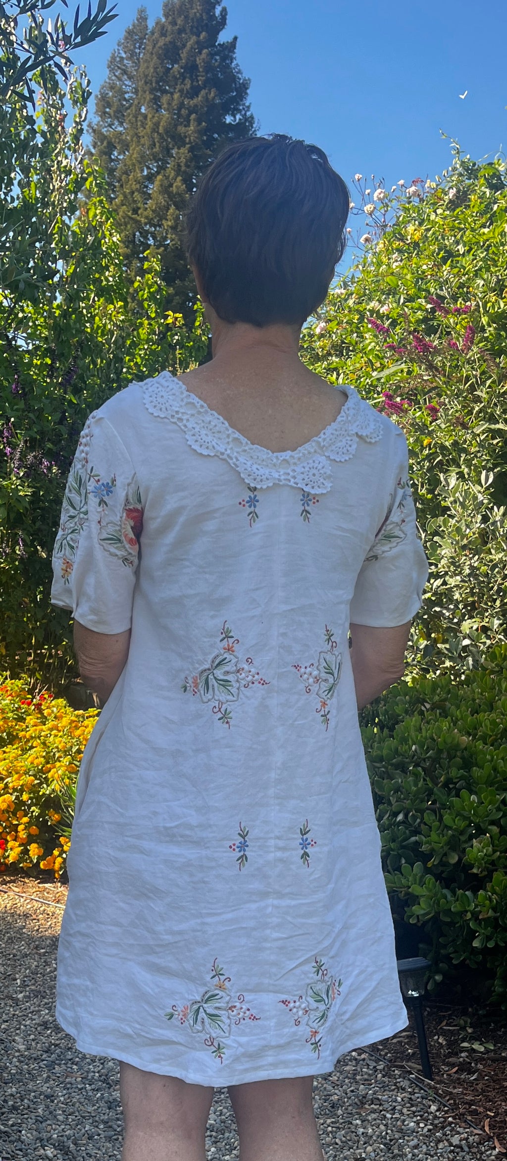 Handmade Embroidered A-Line Linen Dress with Pockets — Upcycled Vintage, One of a Kind