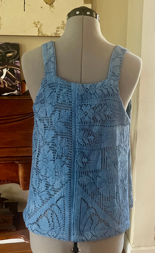 Blue lace tank top with straps and trapeze shape