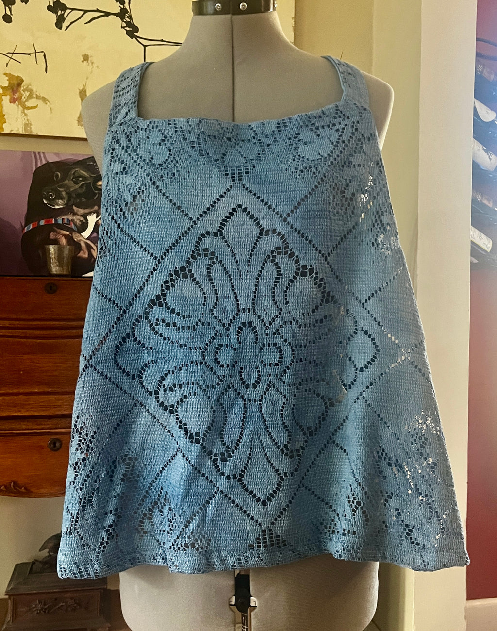 Blue lace tank top with straps and trapeze shape