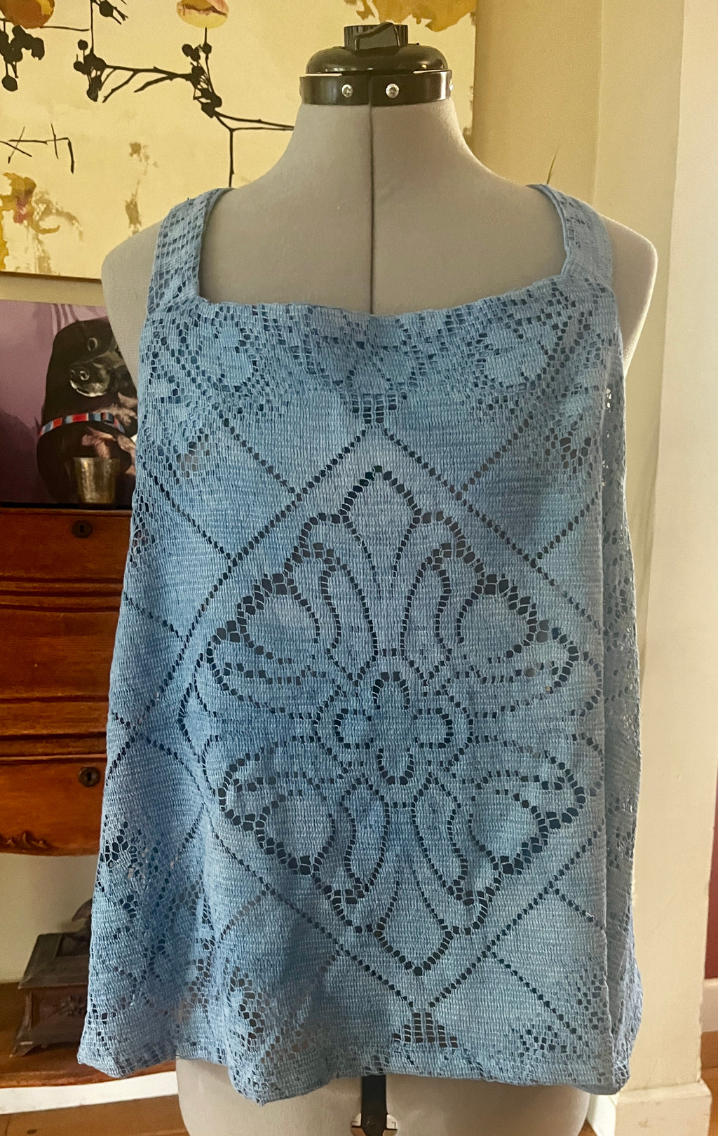 Blue lace tank top with straps and trapeze shape