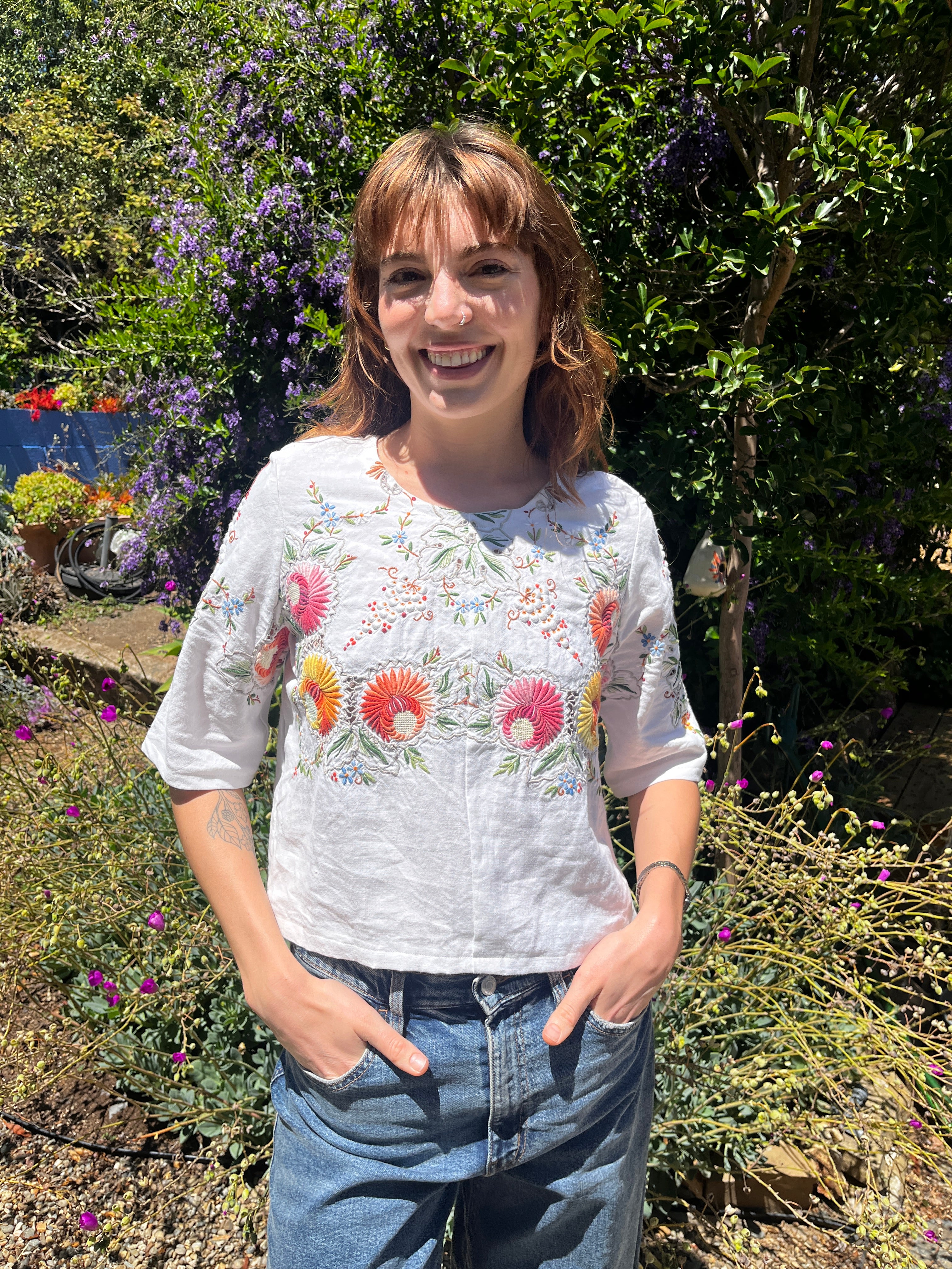 Handmade Elbow Sleeve Embroidered Linen Blouse