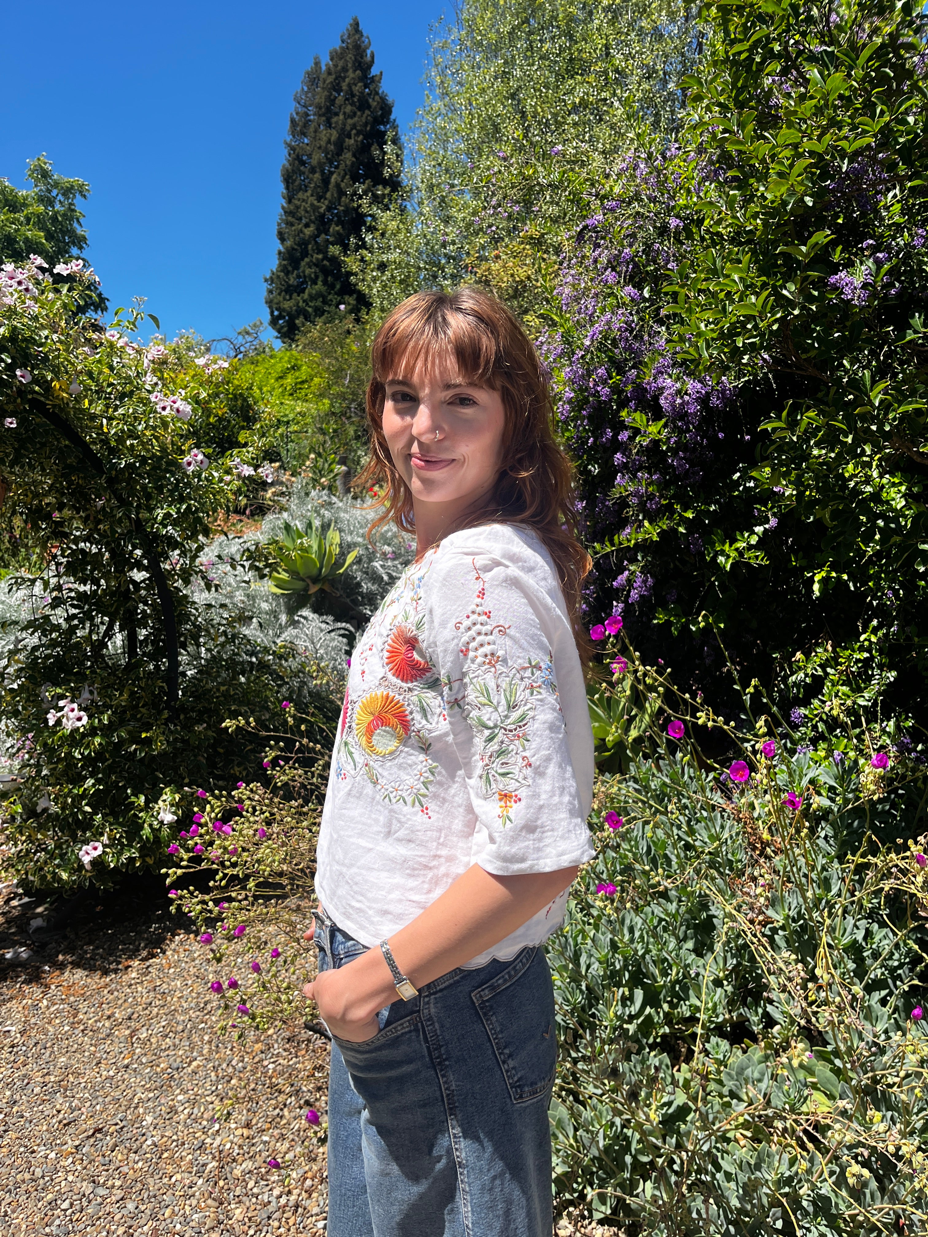 Handmade Elbow Sleeve Embroidered Linen Blouse