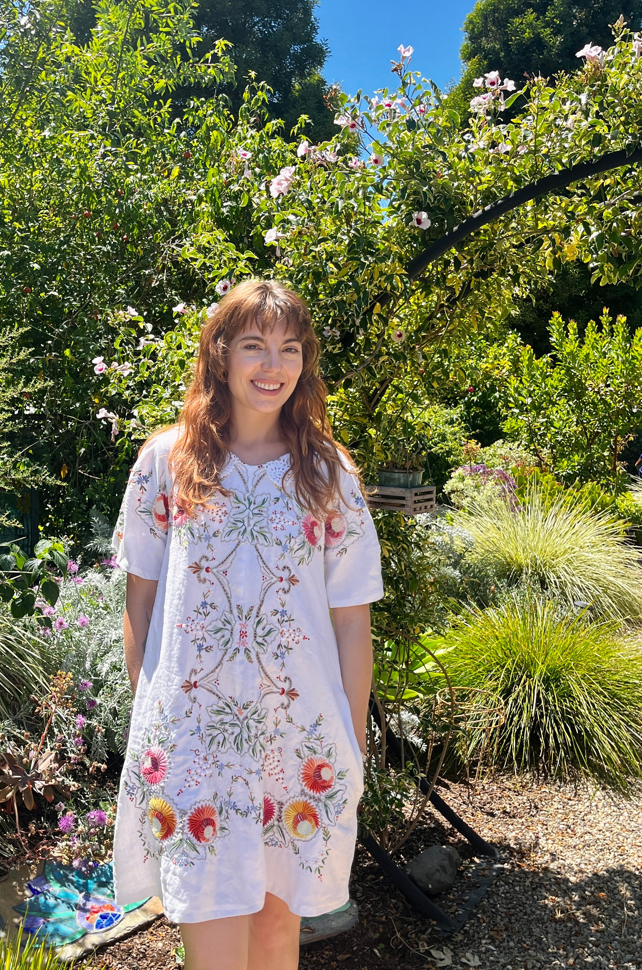 Handmade Embroidered A-Line Linen Dress with Pockets — Upcycled Vintage, One of a Kind