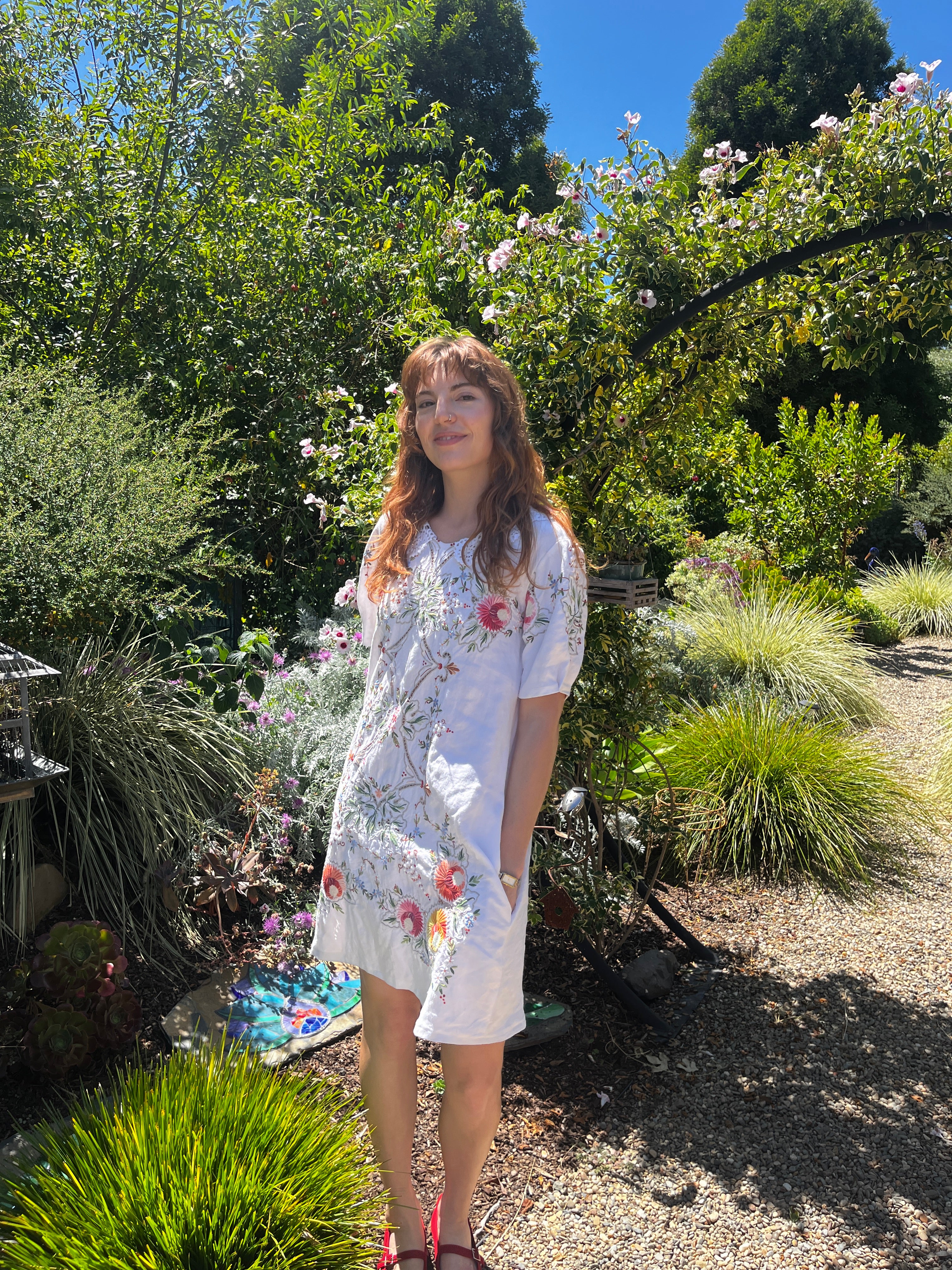 Handmade Embroidered A-Line Linen Dress with Pockets — Upcycled Vintage, One of a Kind