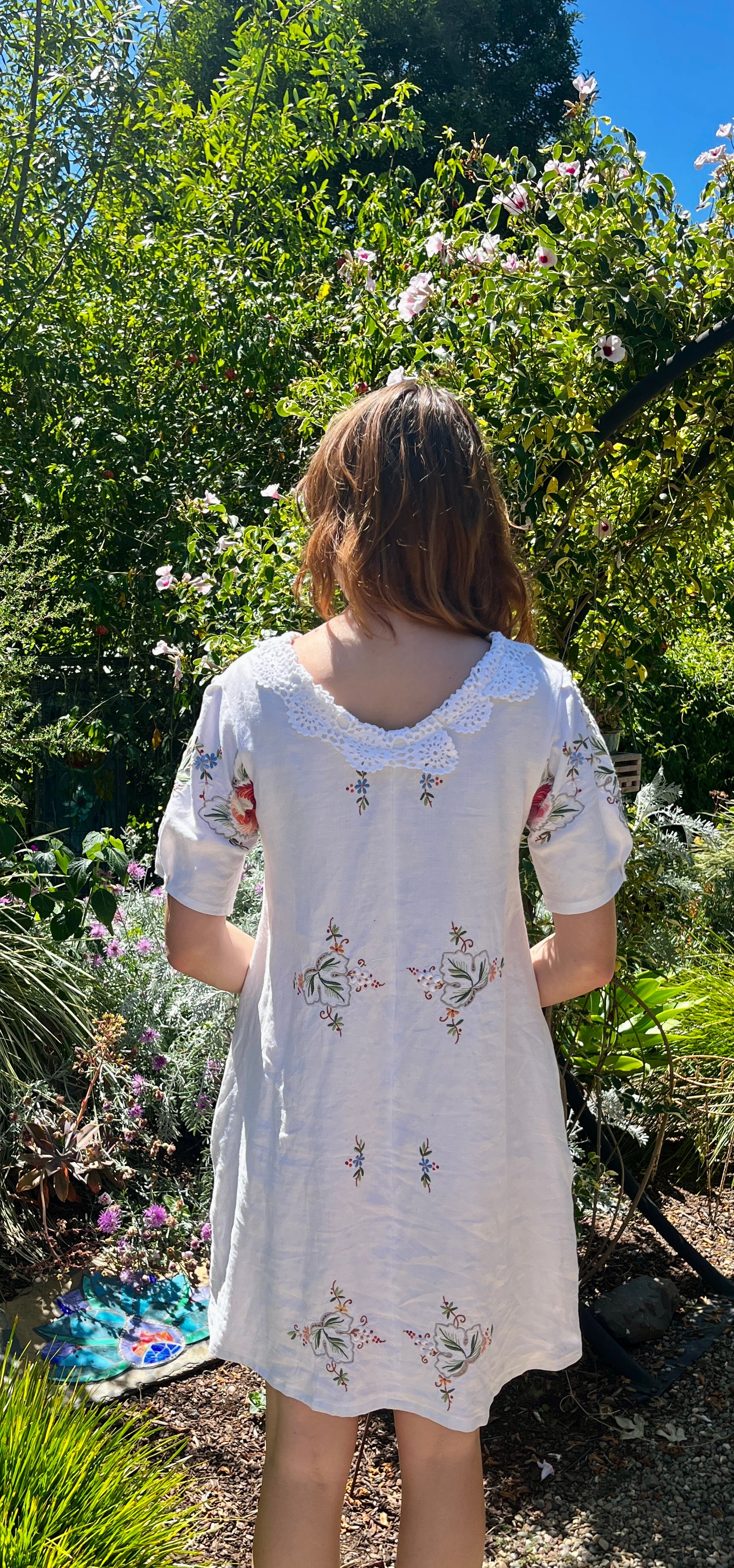 Handmade Embroidered A-Line Linen Dress with Pockets — Upcycled Vintage, One of a Kind