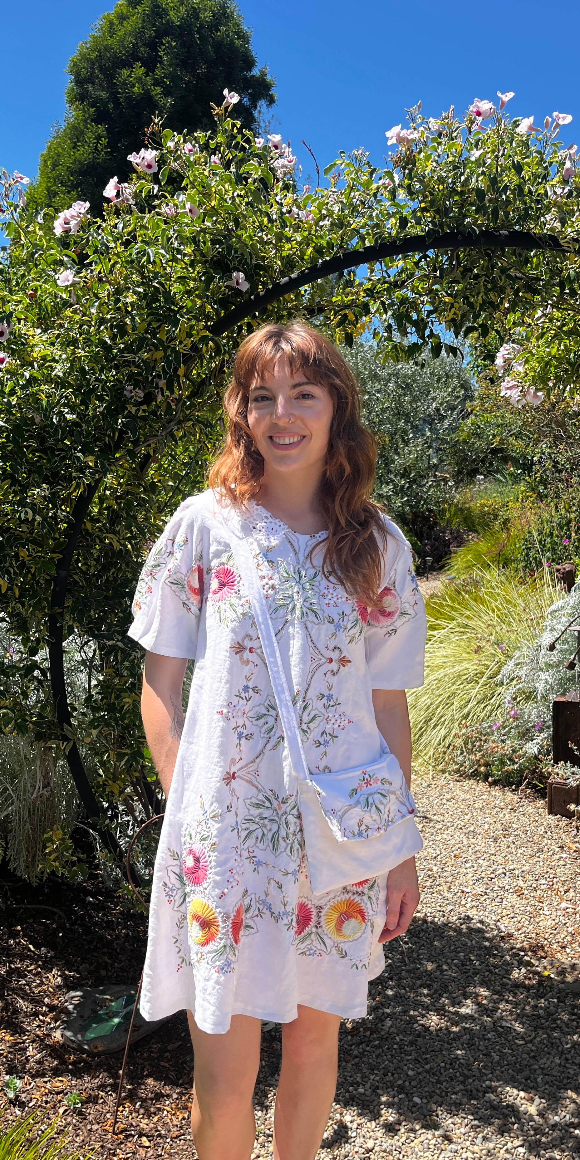 Handmade Embroidered A-Line Linen Dress with Pockets — Upcycled Vintage, One of a Kind