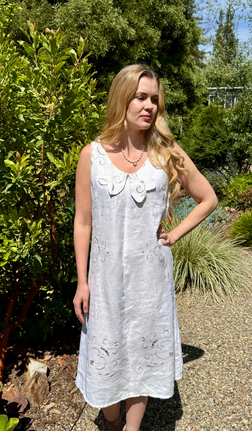 Handmade Midi Linen Embroidered Dress — Bow Neckline, Sleeveless, Made for Summer