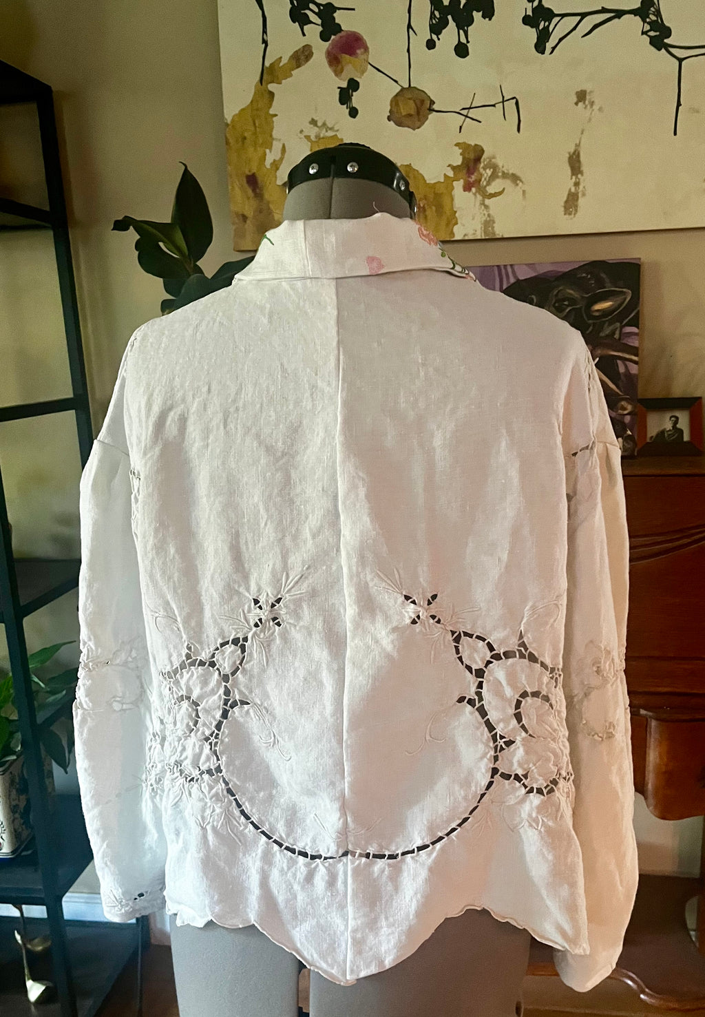 Handmade Floral Embroidered Blouse — Two-Sided Design, Bracelet Sleeves, Upcycled Vintage Linen