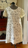 Handmade Short Sleeve A-Line Dress — Lotus Cutwork & Embroidery, Linen and Cotton