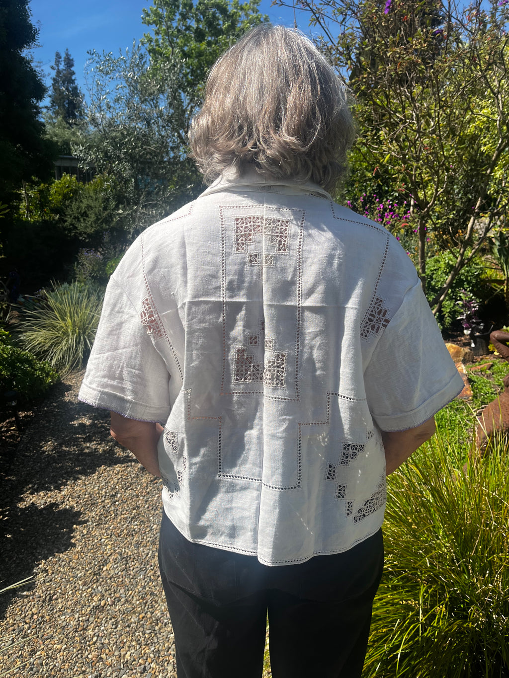 Handmade Short Sleeve Linen Shirt with Embroidery — Vintage Tablecloths, Mother-of-Pearl