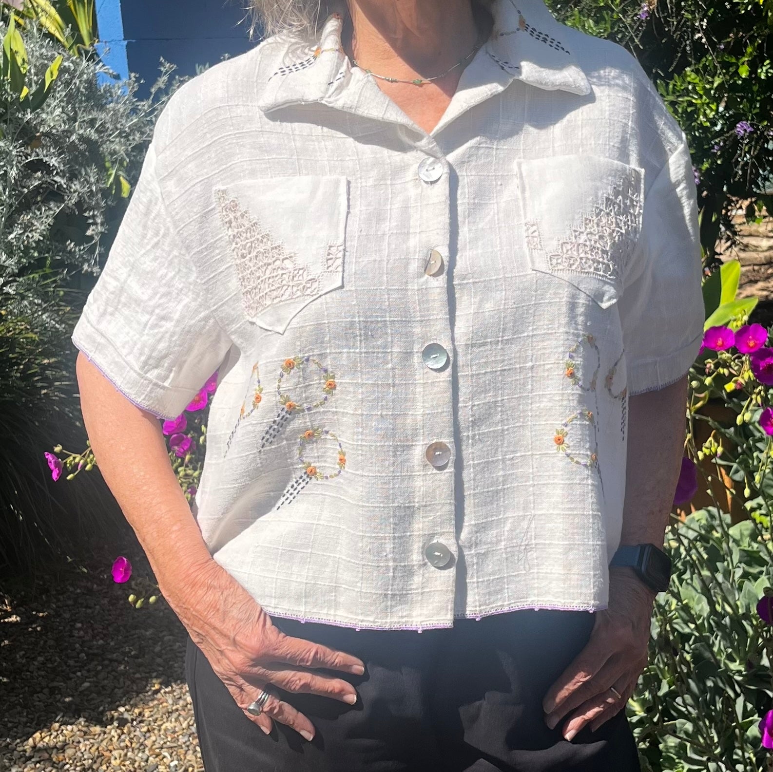 Handmade Short Sleeve Linen Shirt with Embroidery — Vintage Tablecloths, Mother-of-Pearl