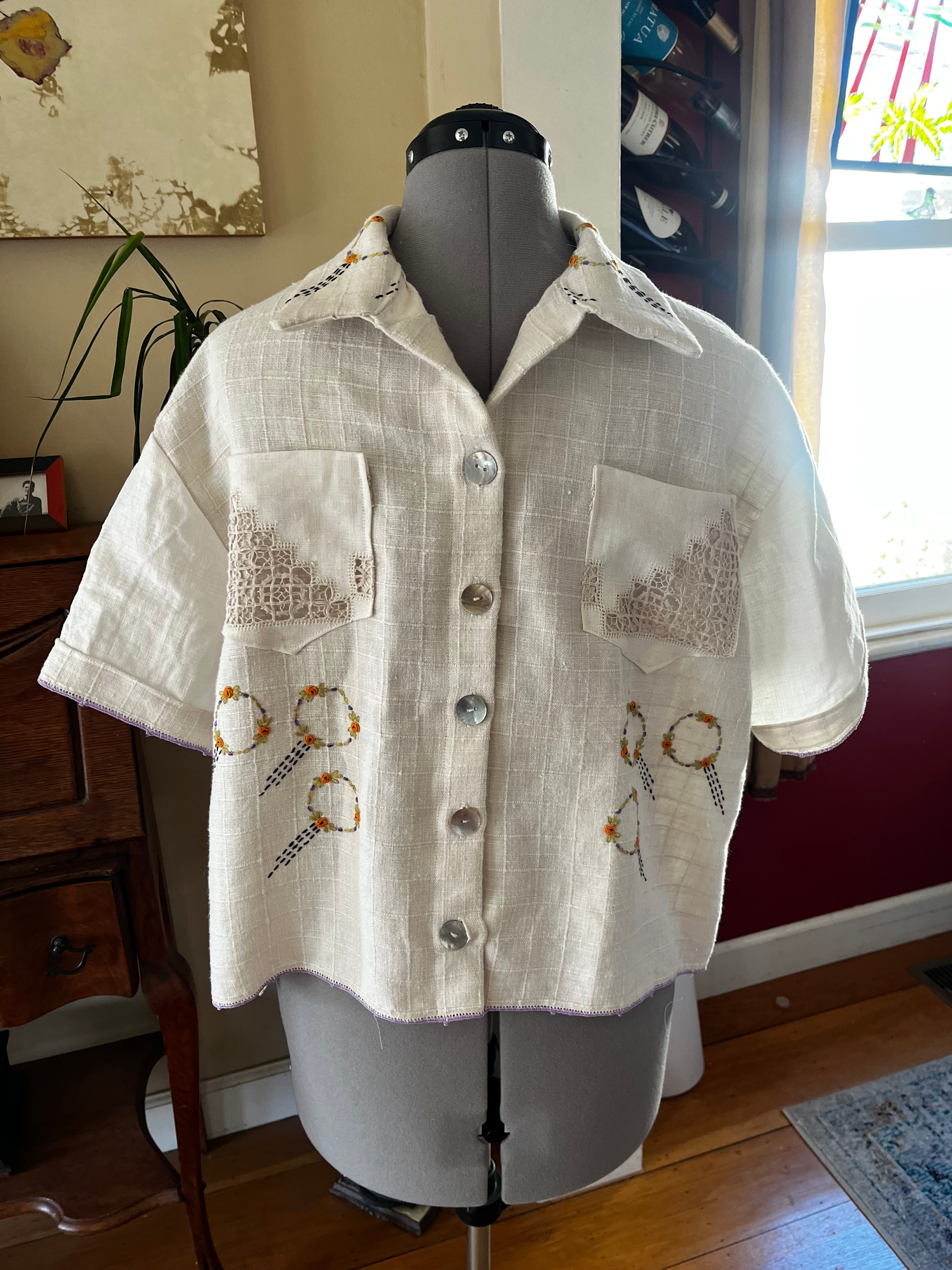 Handmade Short Sleeve Linen Shirt with Embroidery — Vintage Tablecloths, Mother-of-Pearl