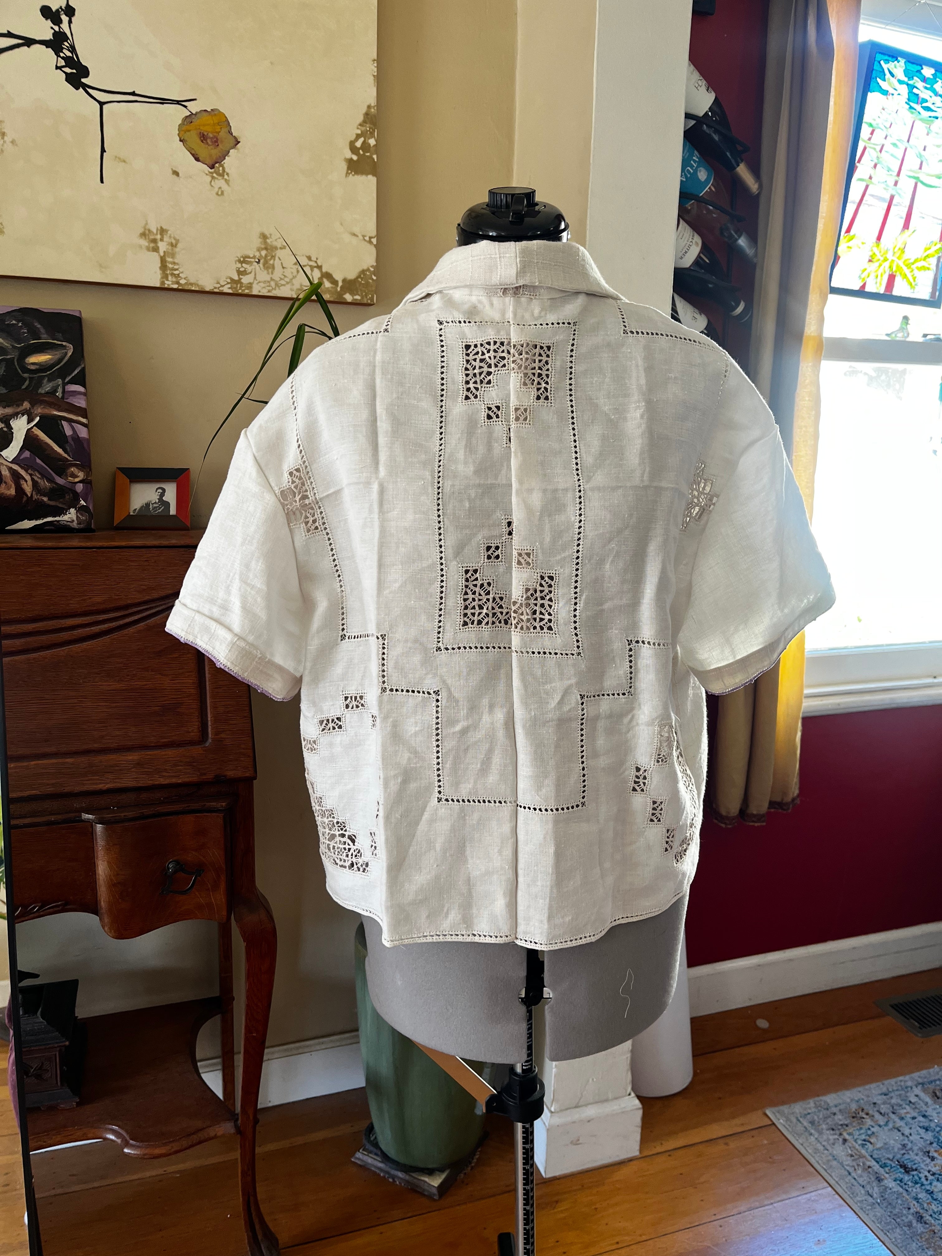 Handmade Short Sleeve Linen Shirt with Embroidery — Vintage Tablecloths, Mother-of-Pearl