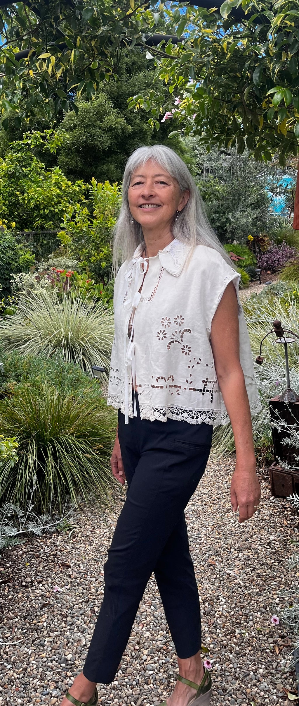 Handmade Short Sleeve Linen Blouse — Embroidered Cutwork, Ribbon Tie Closure