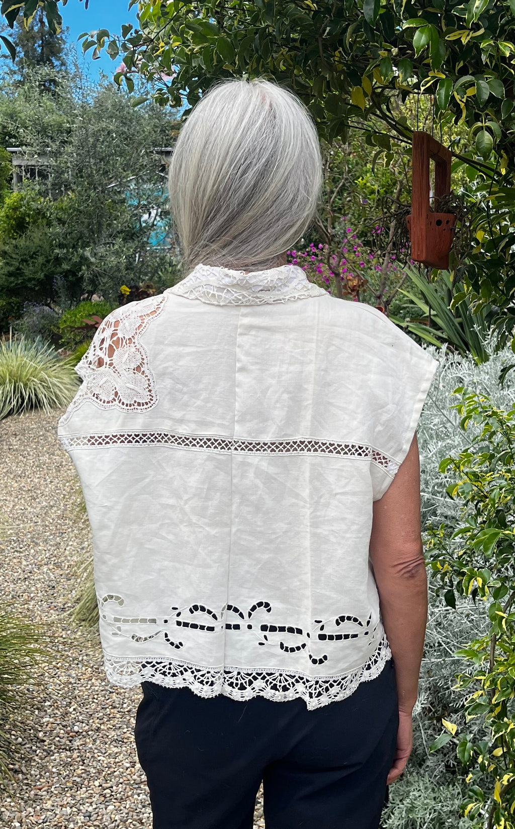 Handmade Short Sleeve Linen Blouse — Embroidered Cutwork, Ribbon Tie Closure
