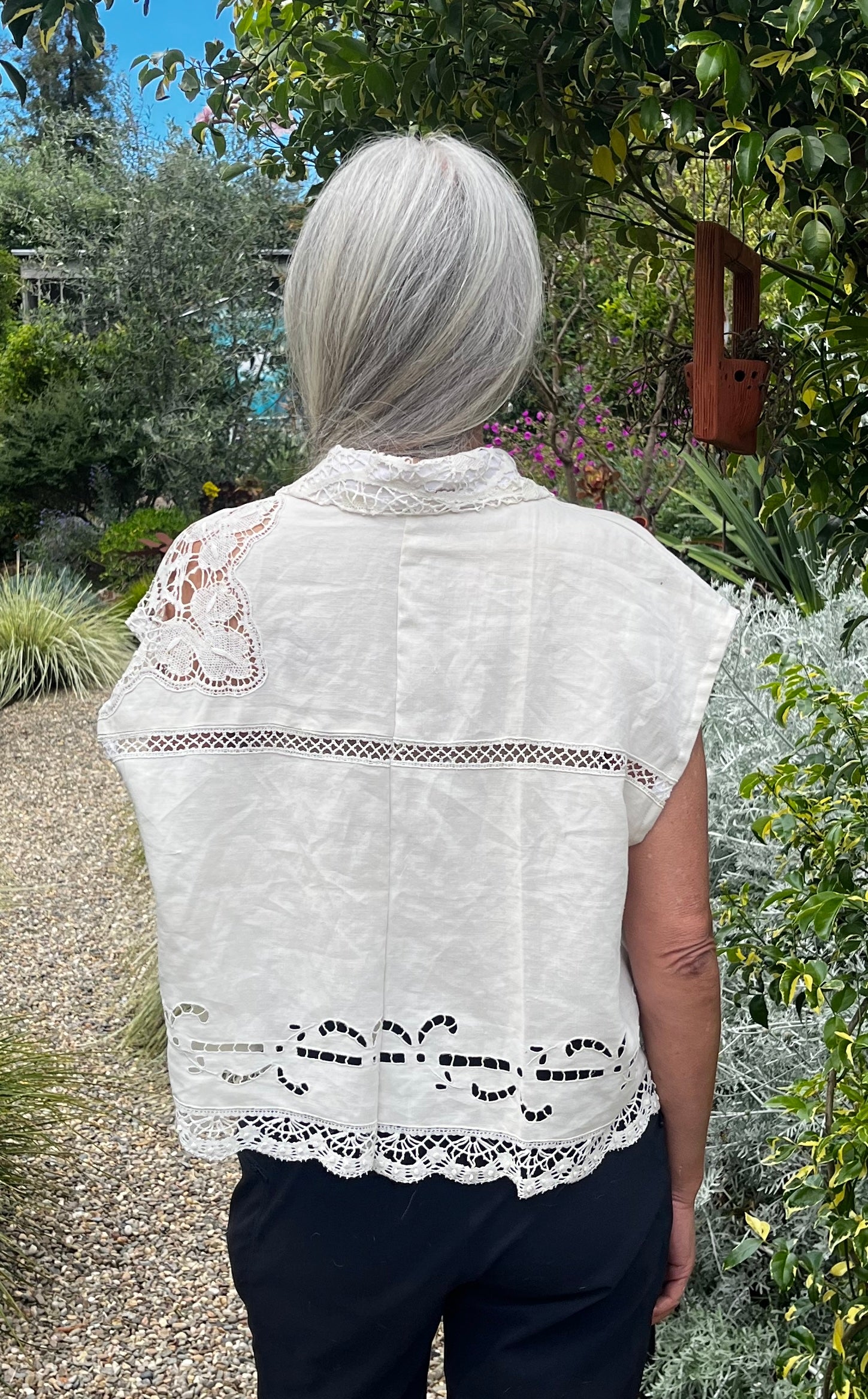 Handmade Short Sleeve Linen Blouse — Embroidered Cutwork, Ribbon Tie Closure