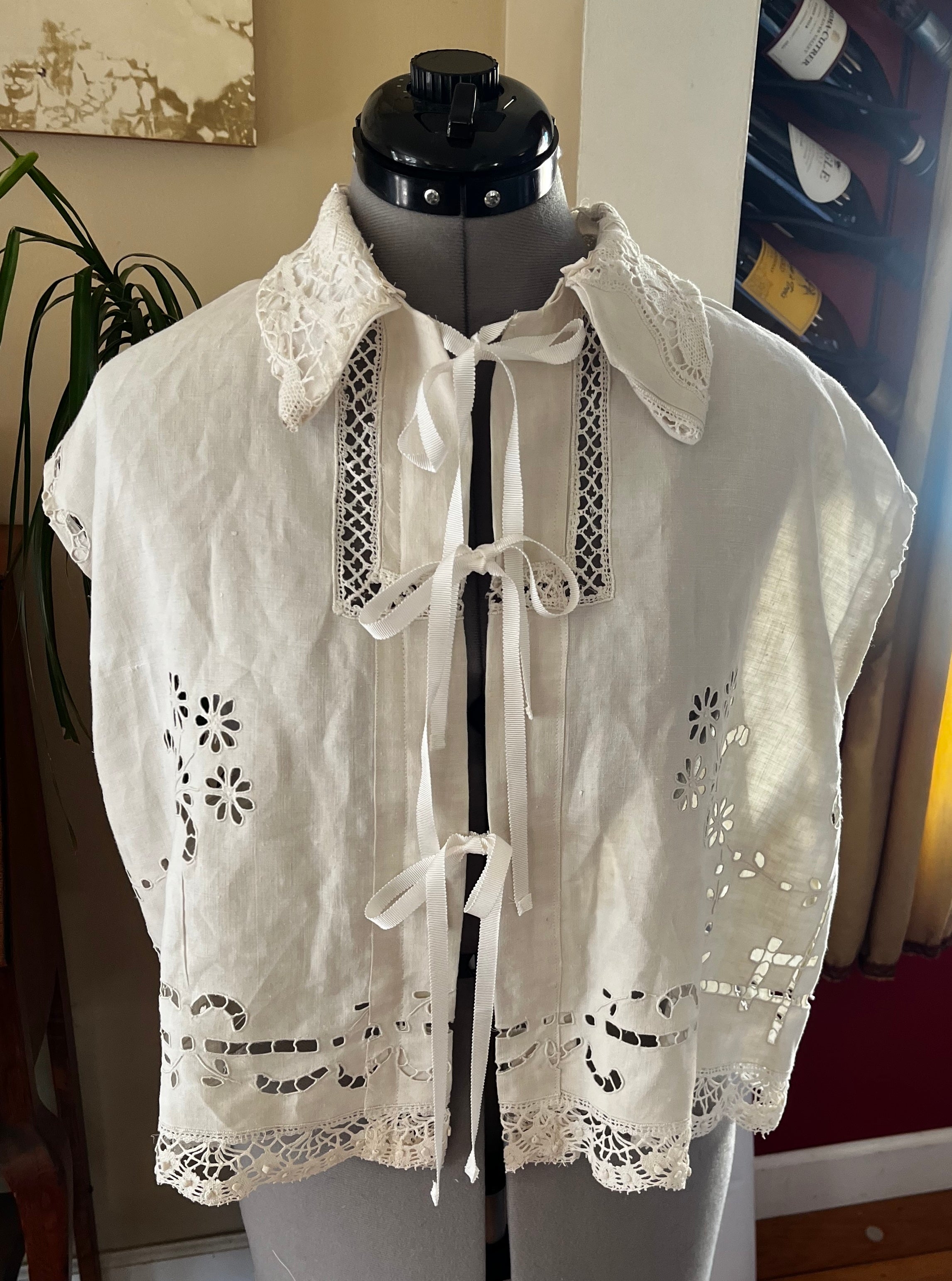 Handmade Short Sleeve Linen Blouse — Embroidered Cutwork, Ribbon Tie Closure