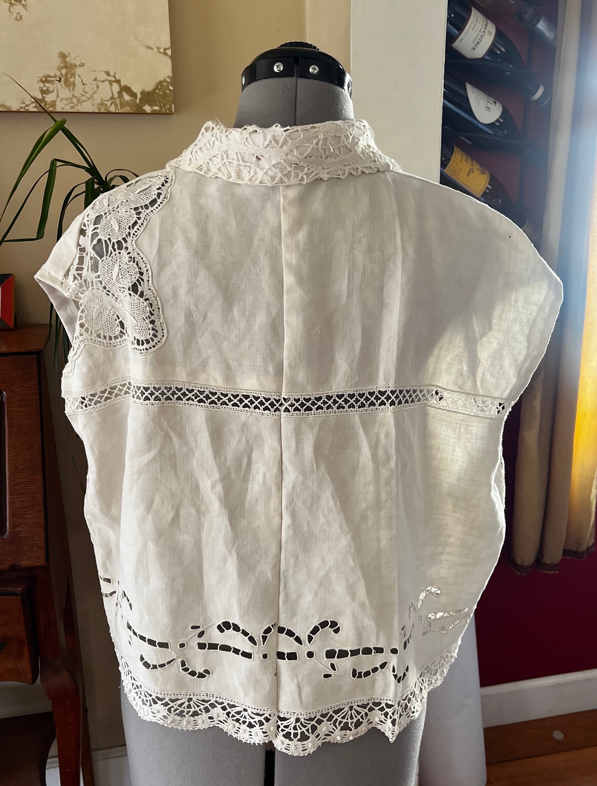 Handmade Short Sleeve Linen Blouse — Embroidered Cutwork, Ribbon Tie Closure