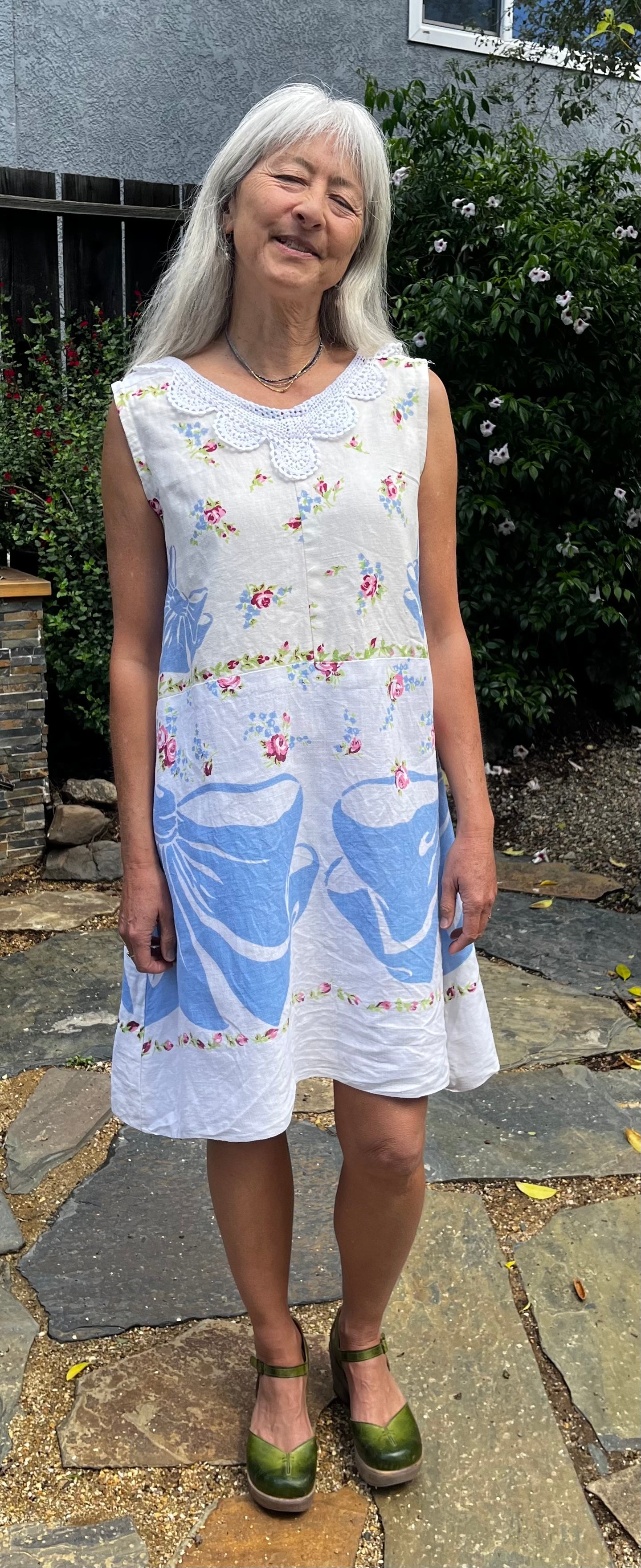 Handmade Blue Floral Linen Dress — Crochet Collar, A-Line, Upcycled Vintage Tablecloths