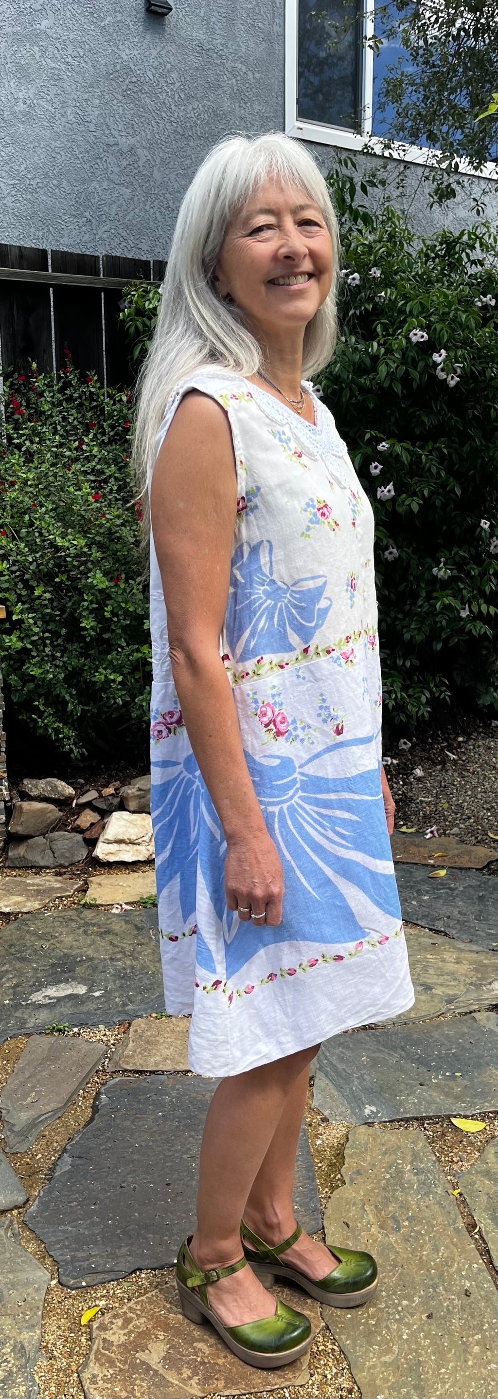 Handmade Blue Floral Linen Dress — Crochet Collar, A-Line, Upcycled Vintage Tablecloths