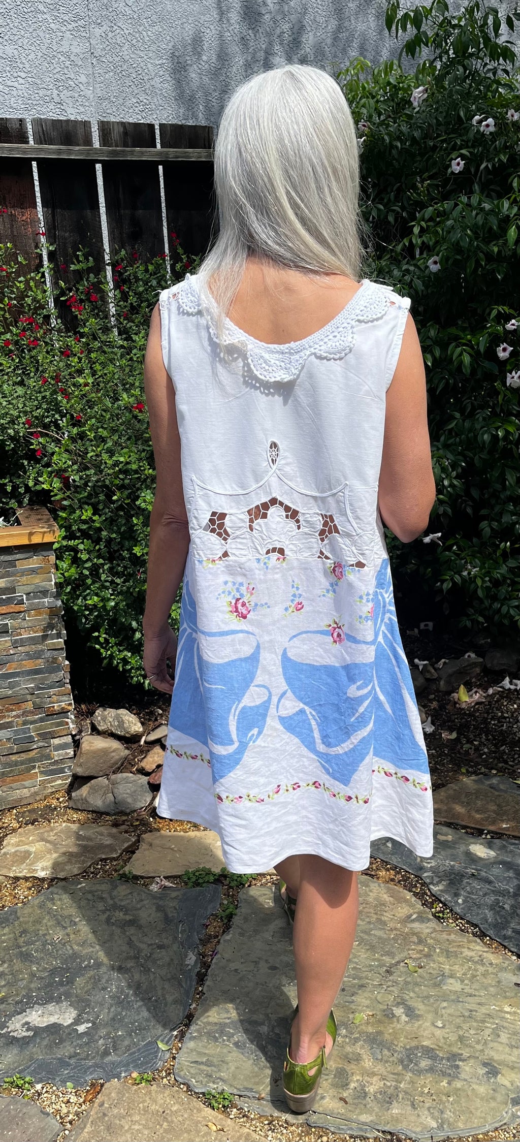 Handmade Blue Floral Linen Dress — Crochet Collar, A-Line, Upcycled Vintage Tablecloths