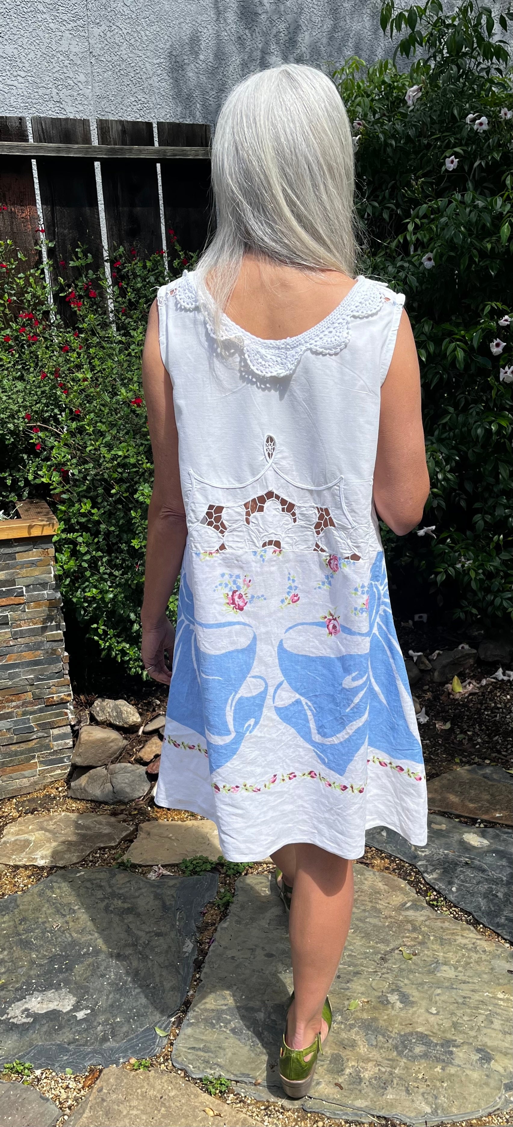 Handmade Blue Floral Linen Dress — Crochet Collar, A-Line, Upcycled Vintage Tablecloths