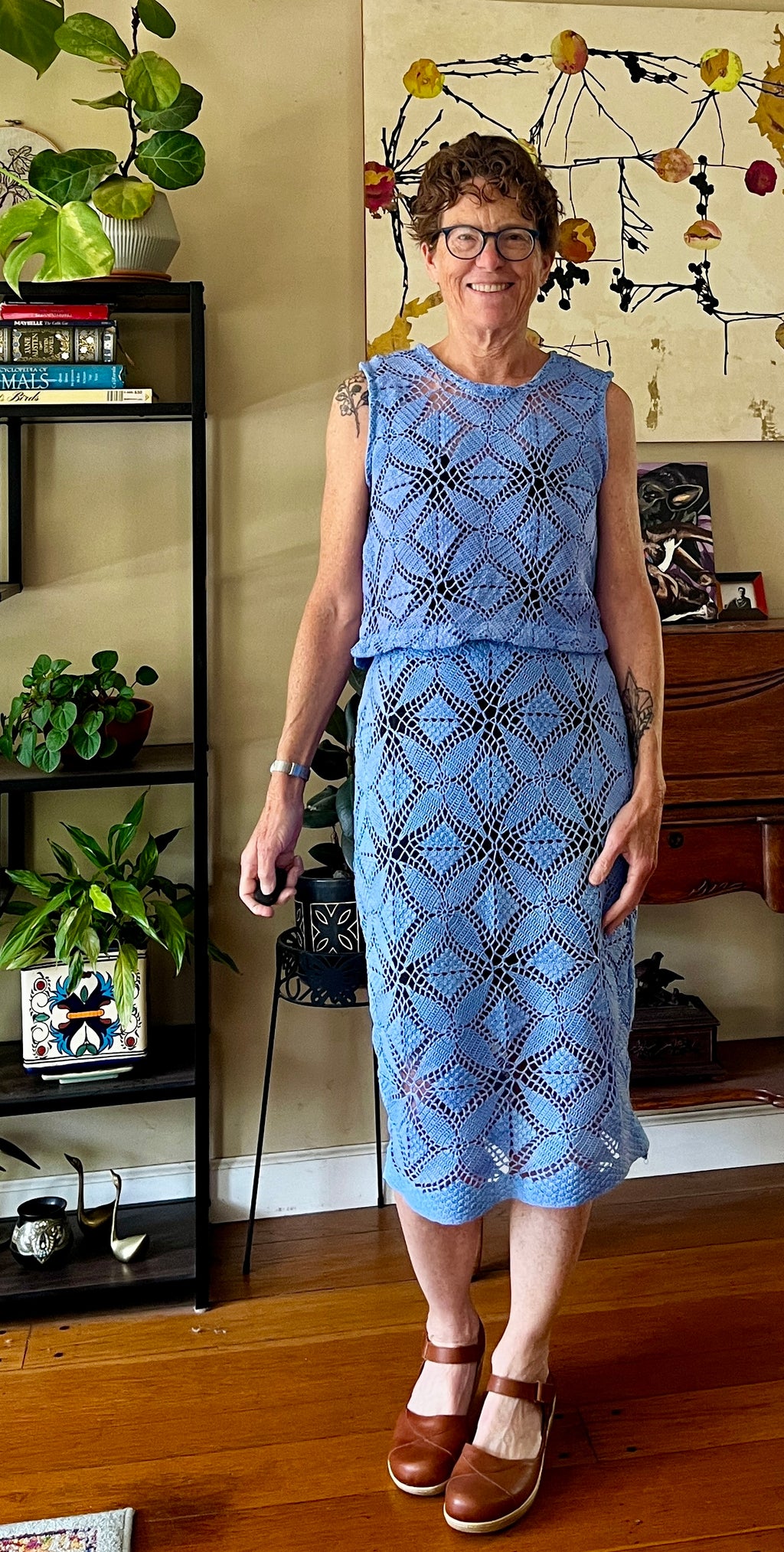 Handmade Blue Crochet Two-Piece Set — Crop Top, Midi Skirt & Matching Belt, Upcycled Cotton