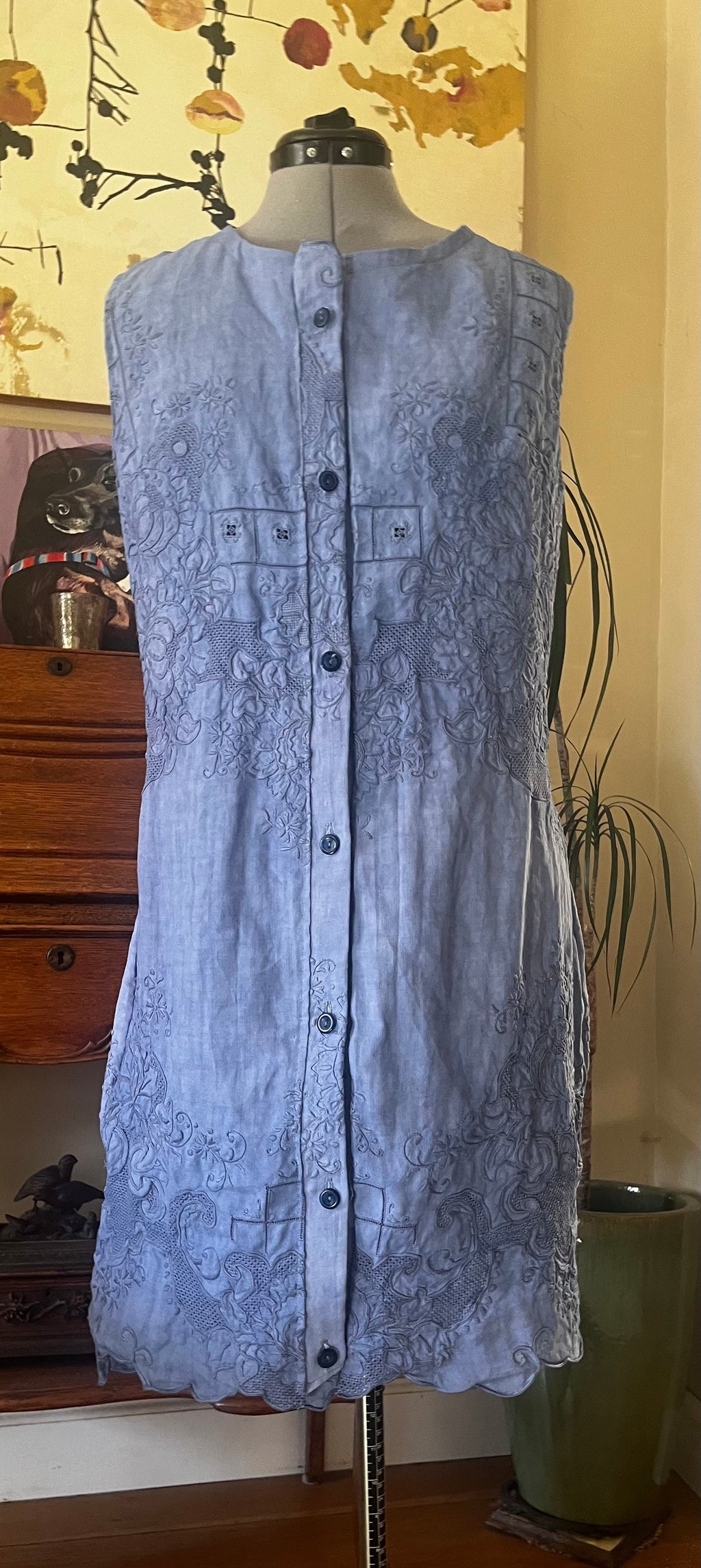 Handmade Sleeveless Embroidered Linen Dress — Upcycled, One of a Kind