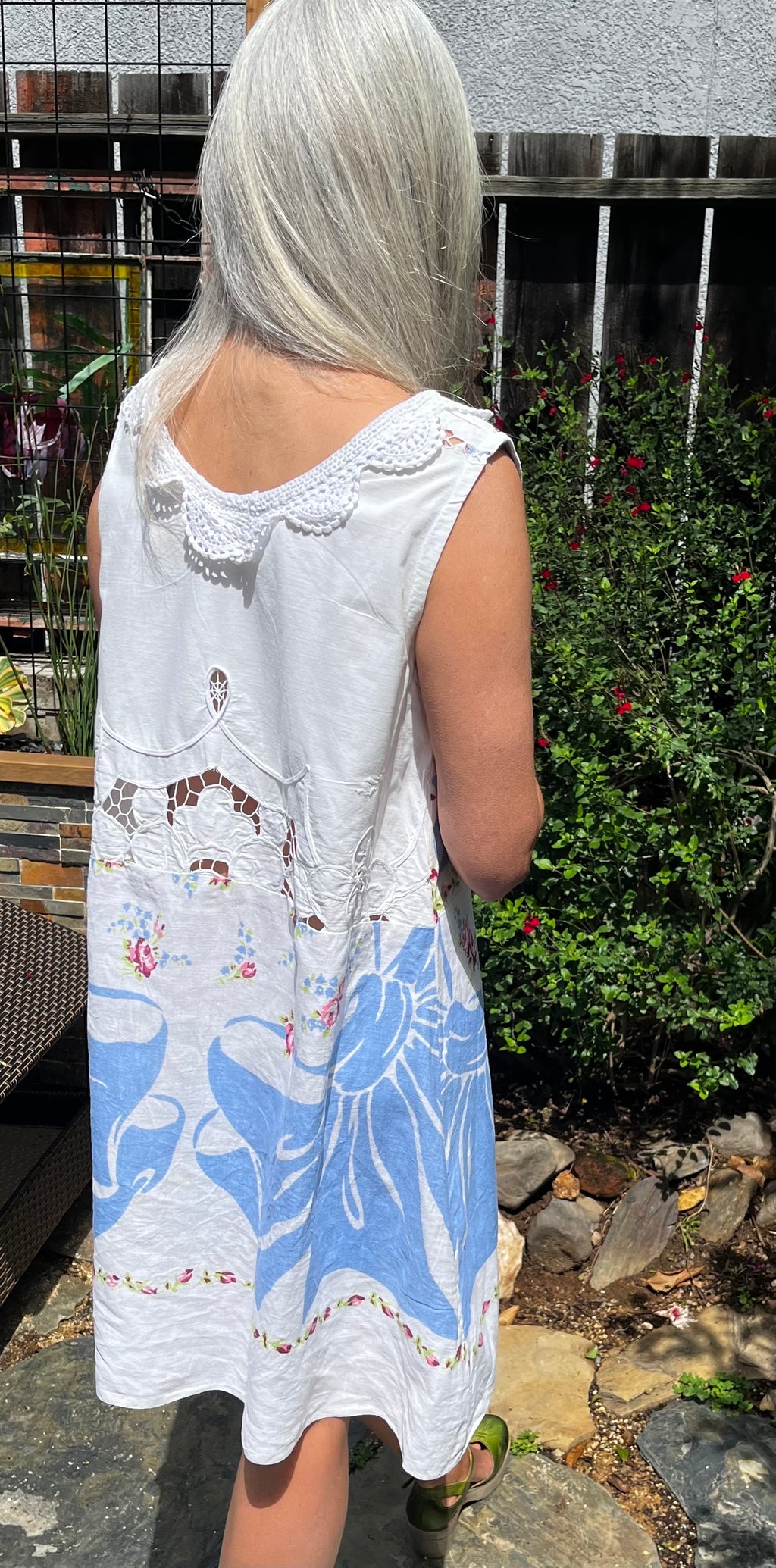 Handmade Blue Floral Linen Dress — Crochet Collar, A-Line, Upcycled Vintage Tablecloths