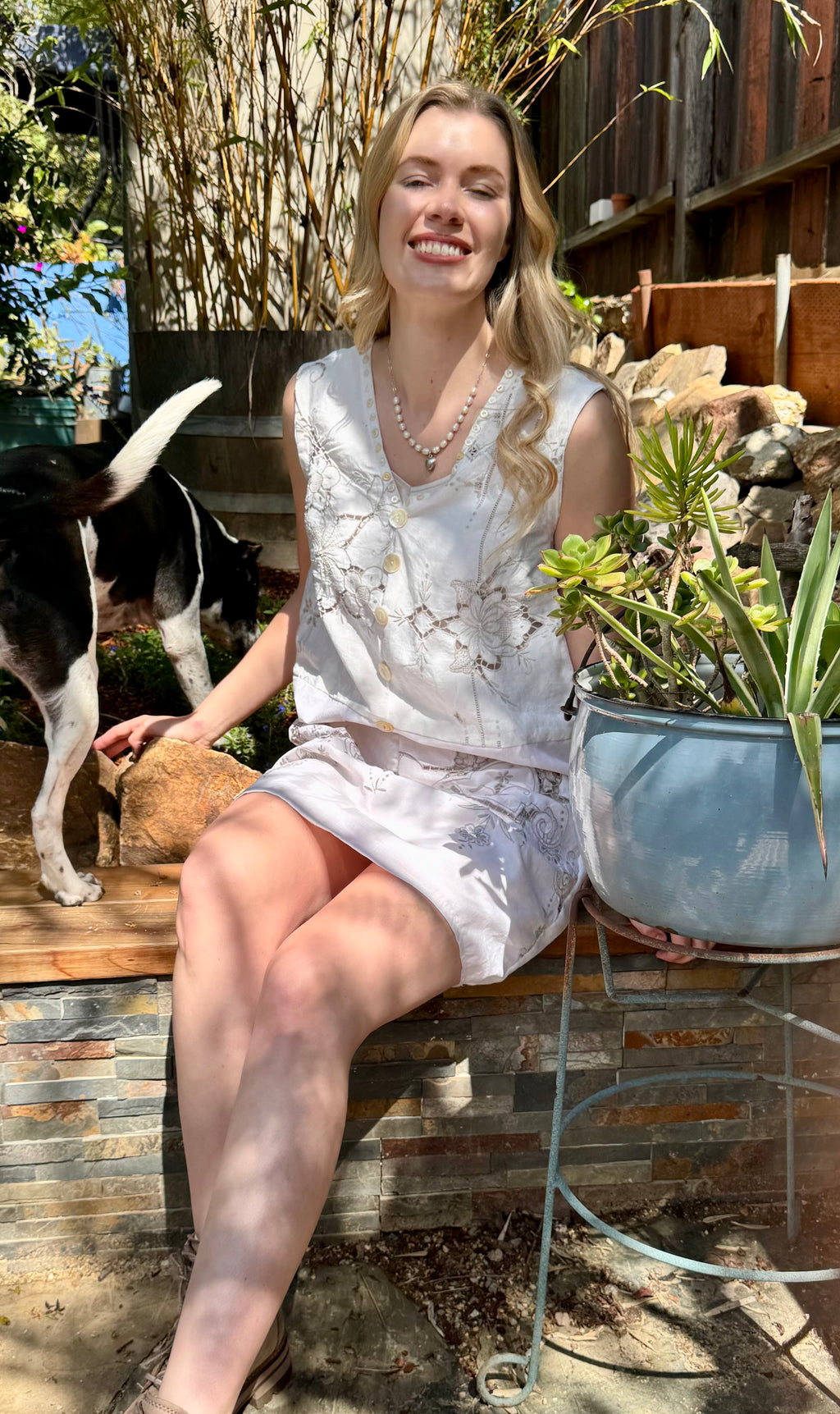 Handmade Off-White Embroidered Linen Dress — Spectacular Back Embroidery, Mother-of-Pearl Buttons