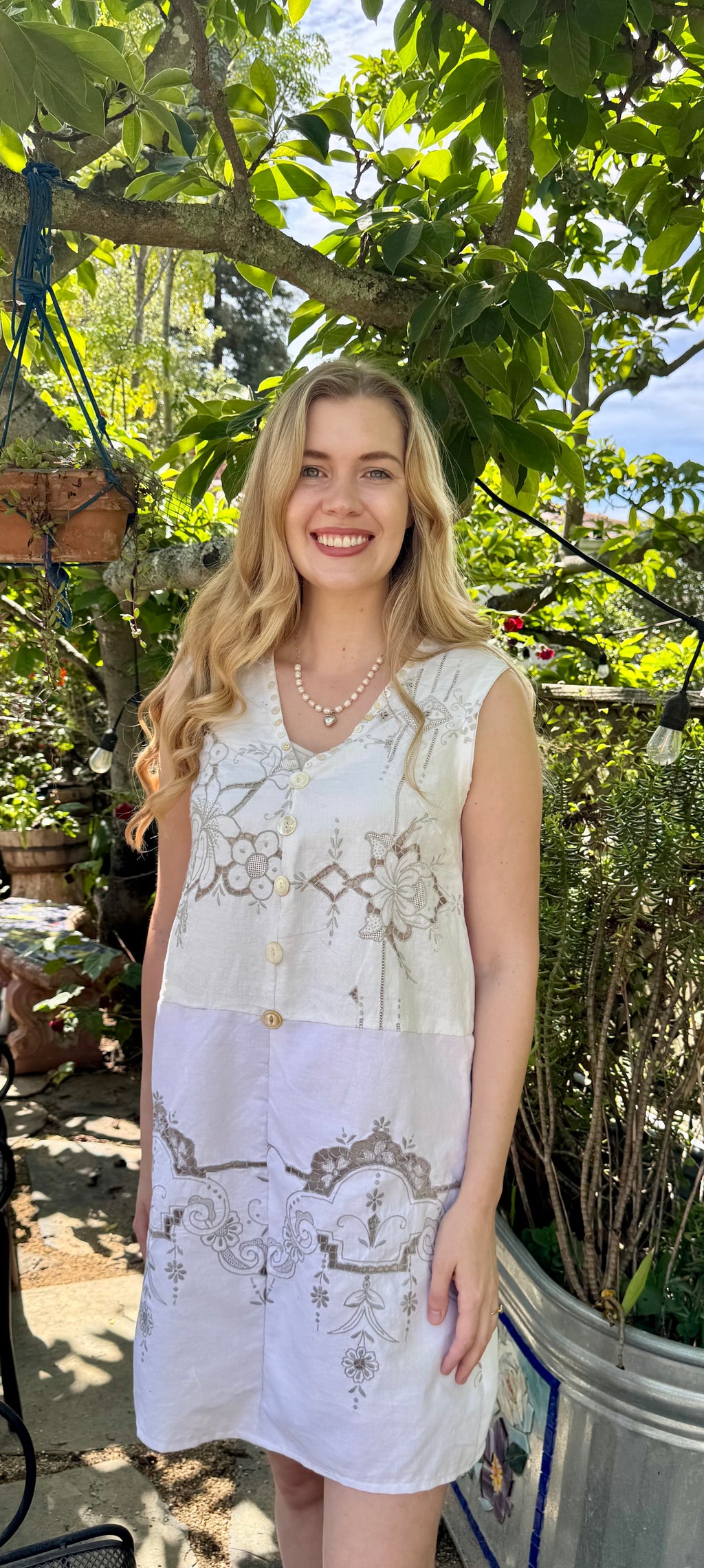 Handmade Off-White Embroidered Linen Dress — Spectacular Back Embroidery, Mother-of-Pearl Buttons