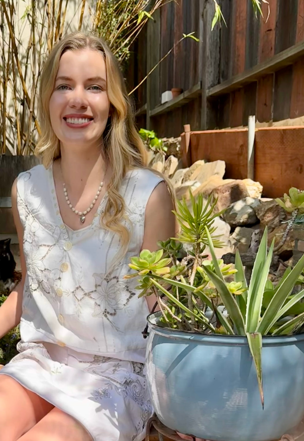 Handmade Off-White Embroidered Linen Dress — Spectacular Back Embroidery, Mother-of-Pearl Buttons