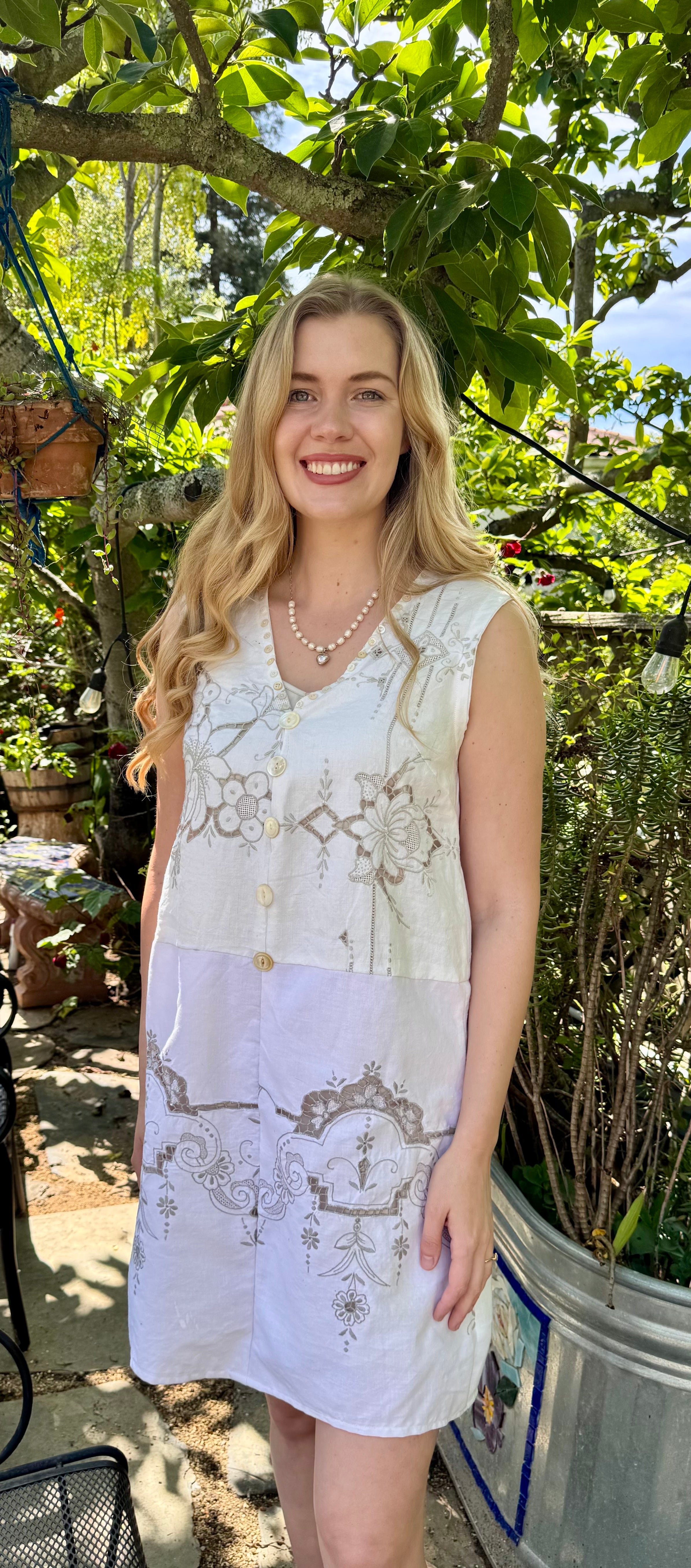 Handmade Off-White Embroidered Linen Dress — Spectacular Back Embroidery, Mother-of-Pearl Buttons